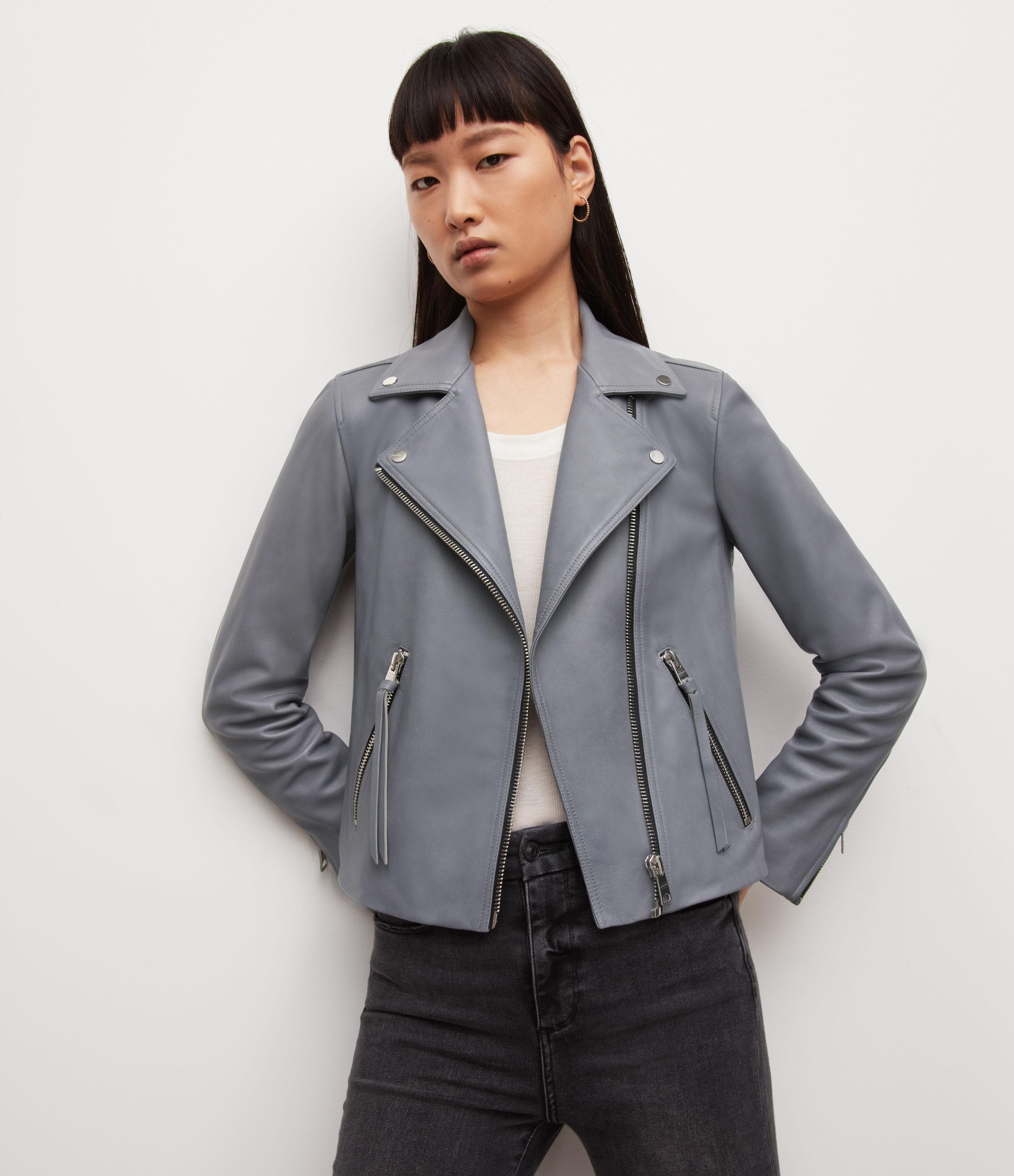 AllSaints Women's Leather Slim Fit Dalby Biker Jacket in Grey | Lyst  Australia
