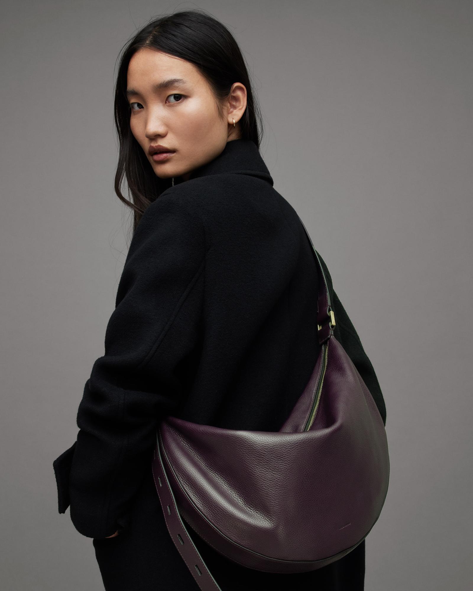 AllSaints Half Moon Leather Shoulder Bag in Purple | Lyst