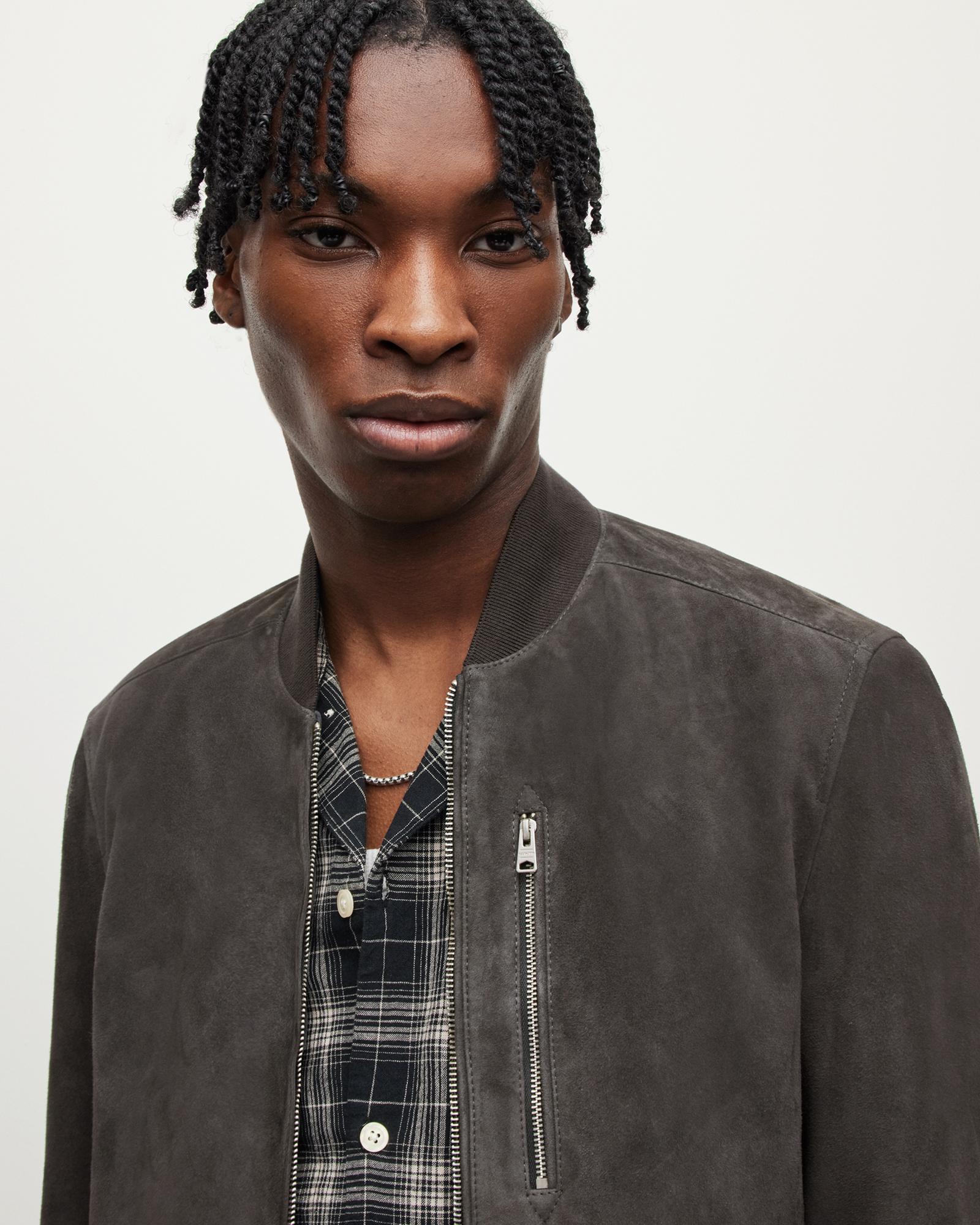 AllSaints Kemble Suede Zip Up Bomber Jacket in Gray for Men Lyst
