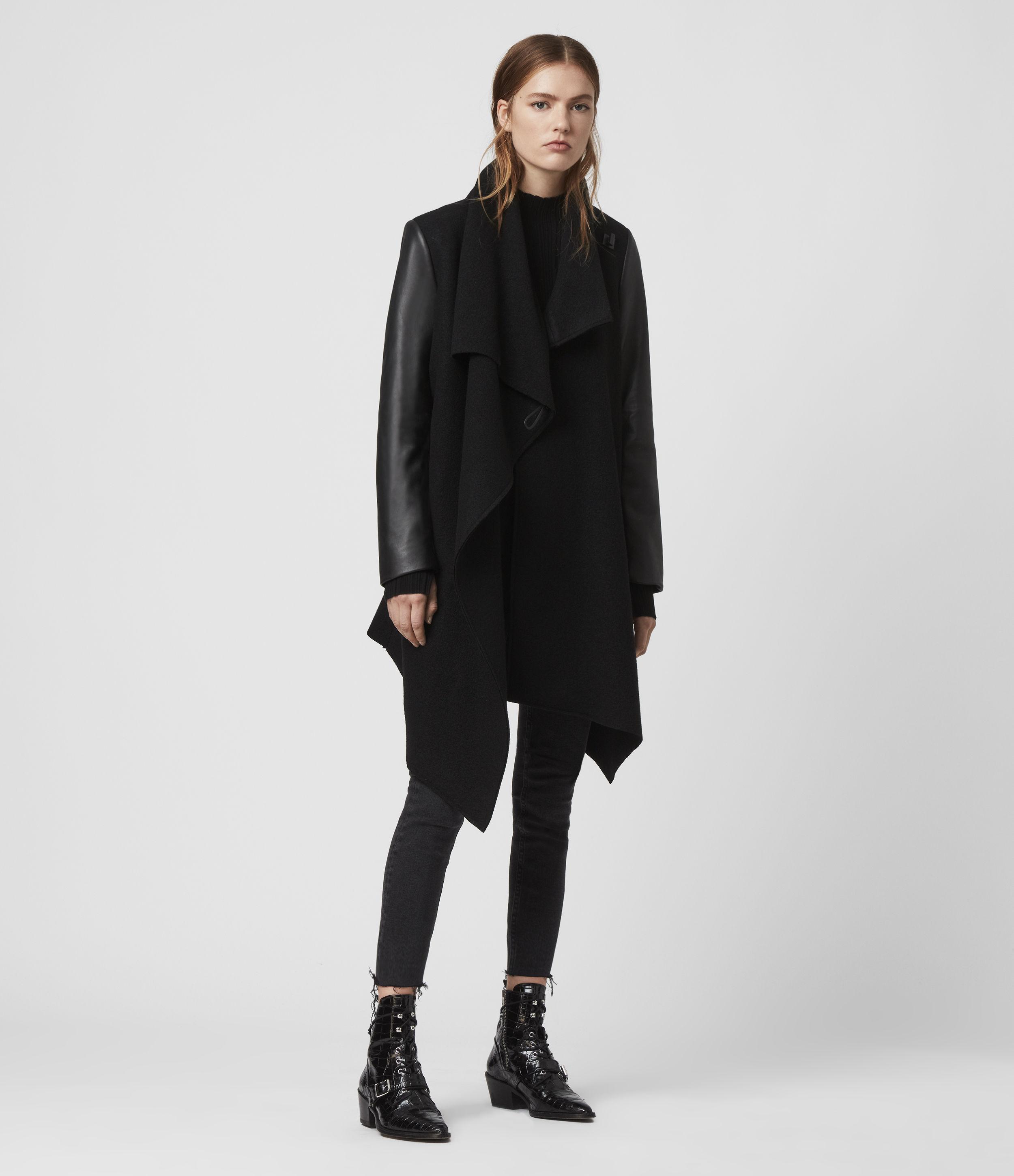 AllSaints Monument Lea Wool And Leather Coat in Black Lyst Australia