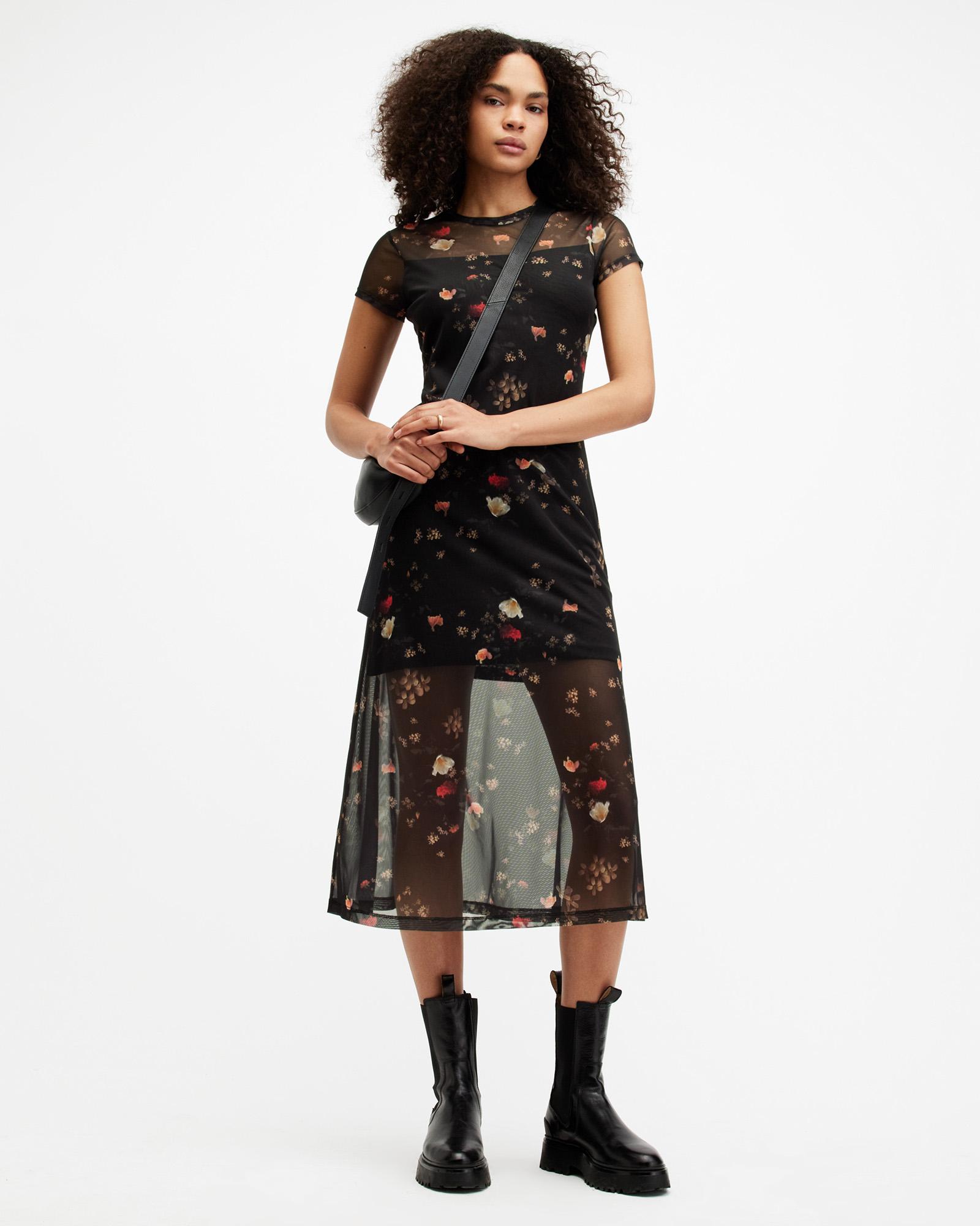 AllSaints Hanna Short Sleeve Mesh Kora Midi Dress in Black | Lyst
