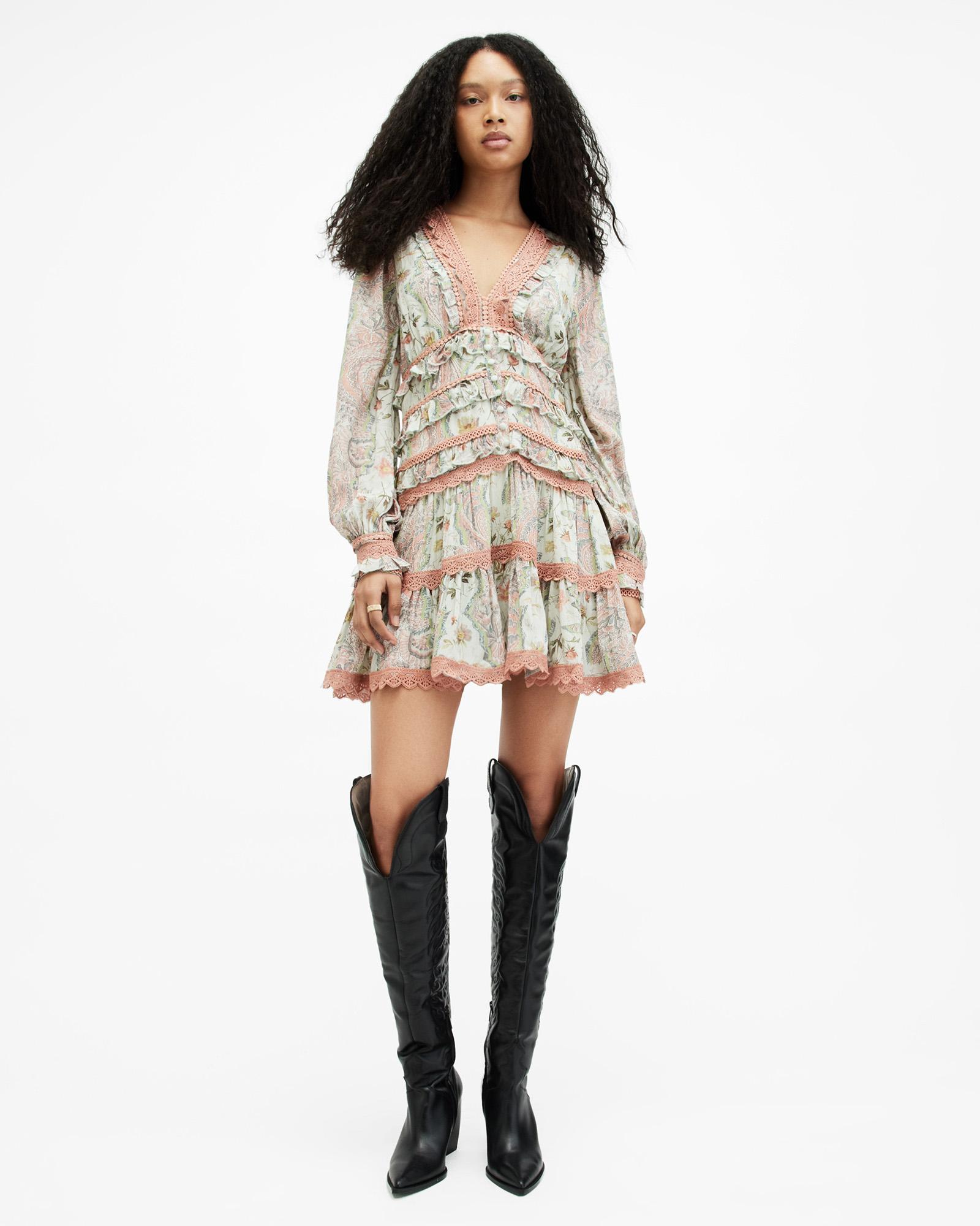 AllSaints Zora Ruffle Cascade Paisley Mini Dress in Blue | Lyst AllSaints Zora Ruffle Cascade Paisley Mini Dress in Blue | Lyst
