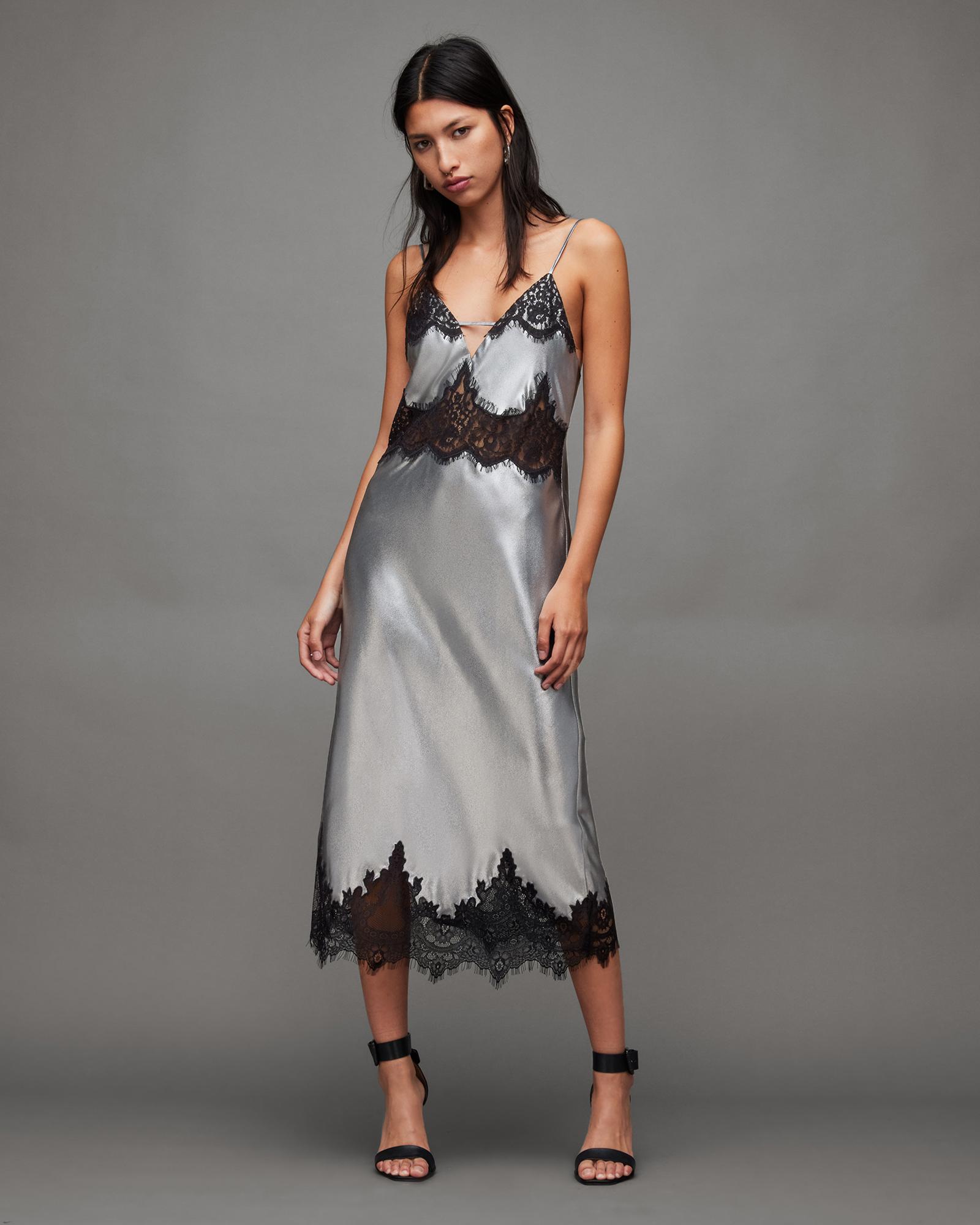 AllSaints Ophelia Metallic Lace Trim Maxi Dress in Gray