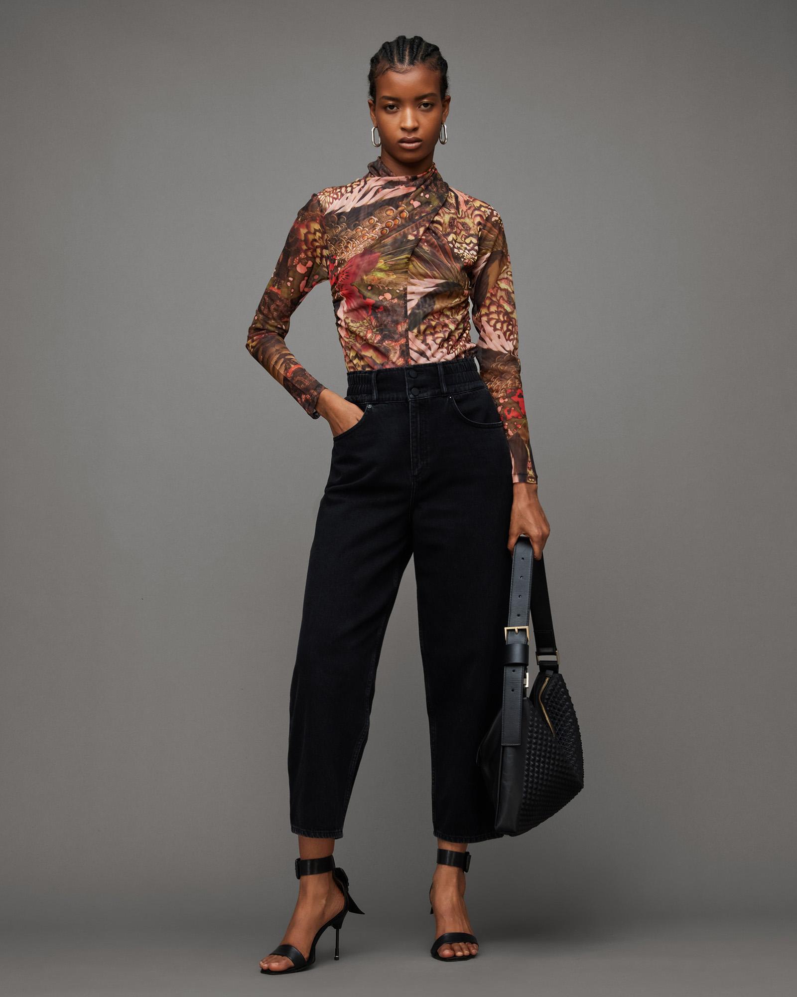 tia mesh gene dress AllSaints Tia Gene dress in green-black print