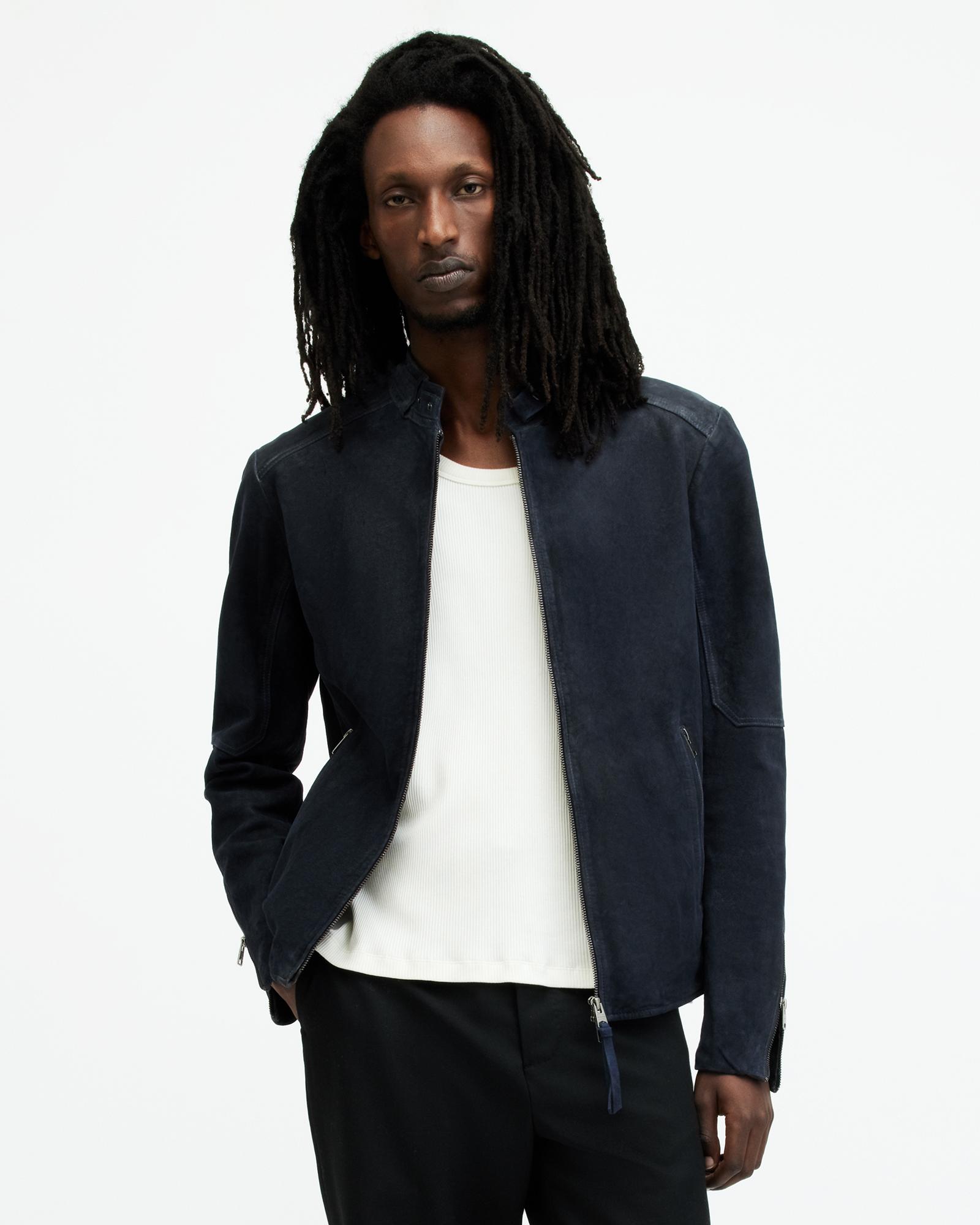 AllSaints Cora Suede Snap Back Collar Jacket in Blue for Men | Lyst