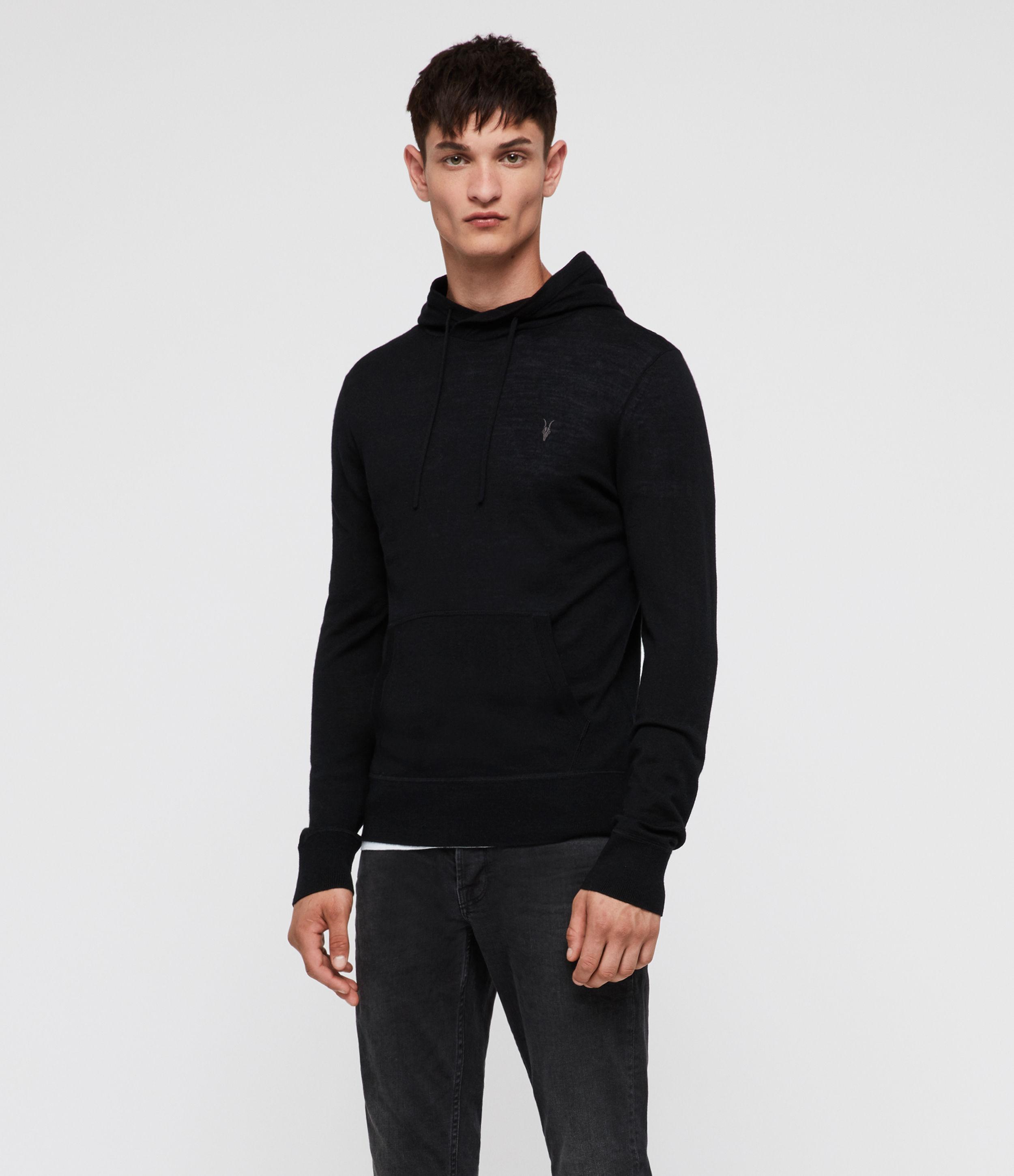 AllSaints Wool Mode Merino Pullover Hoodie in Black for Men - Lyst