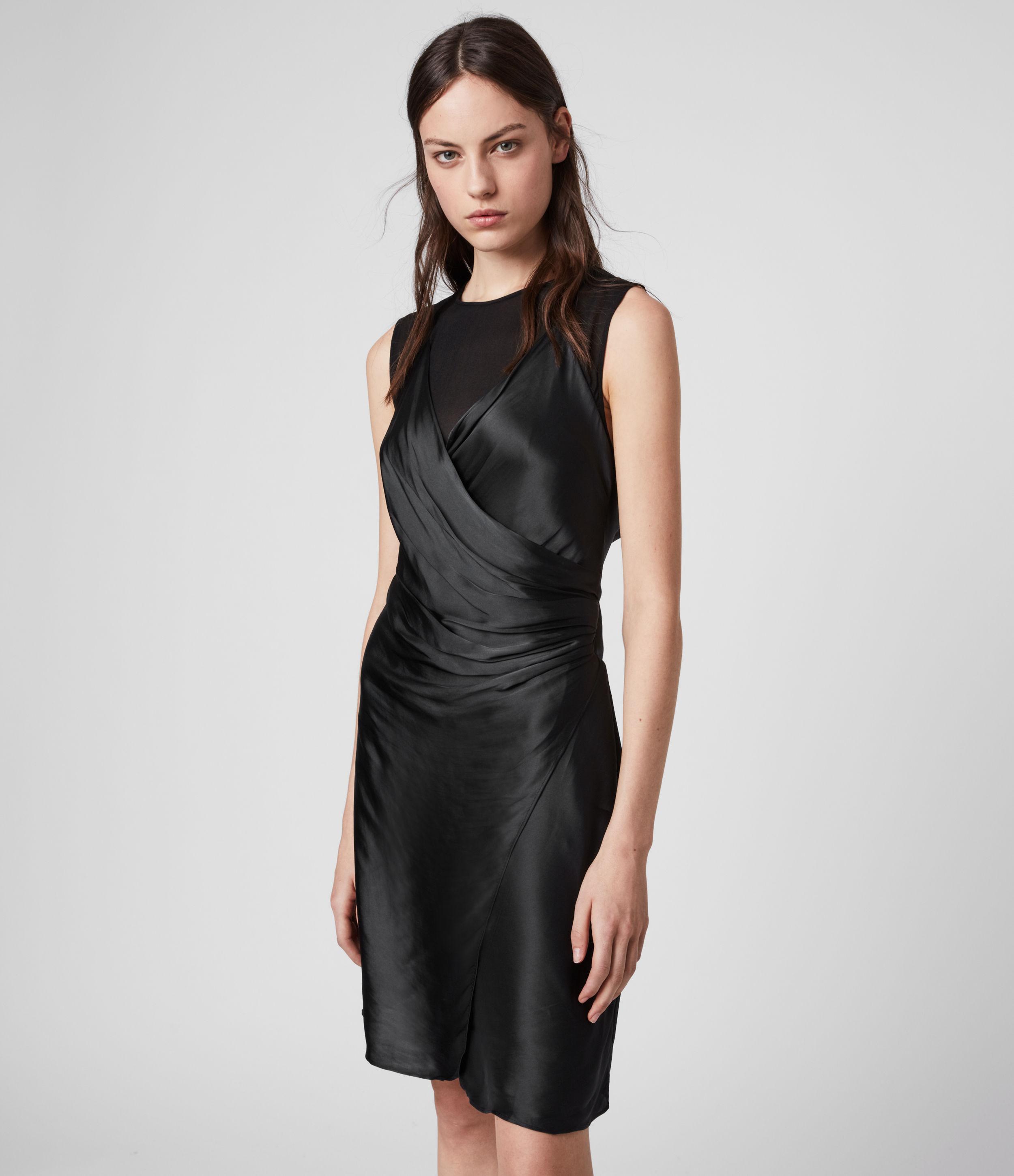 AllSaints Satin Carlotta Dress in Black - Lyst