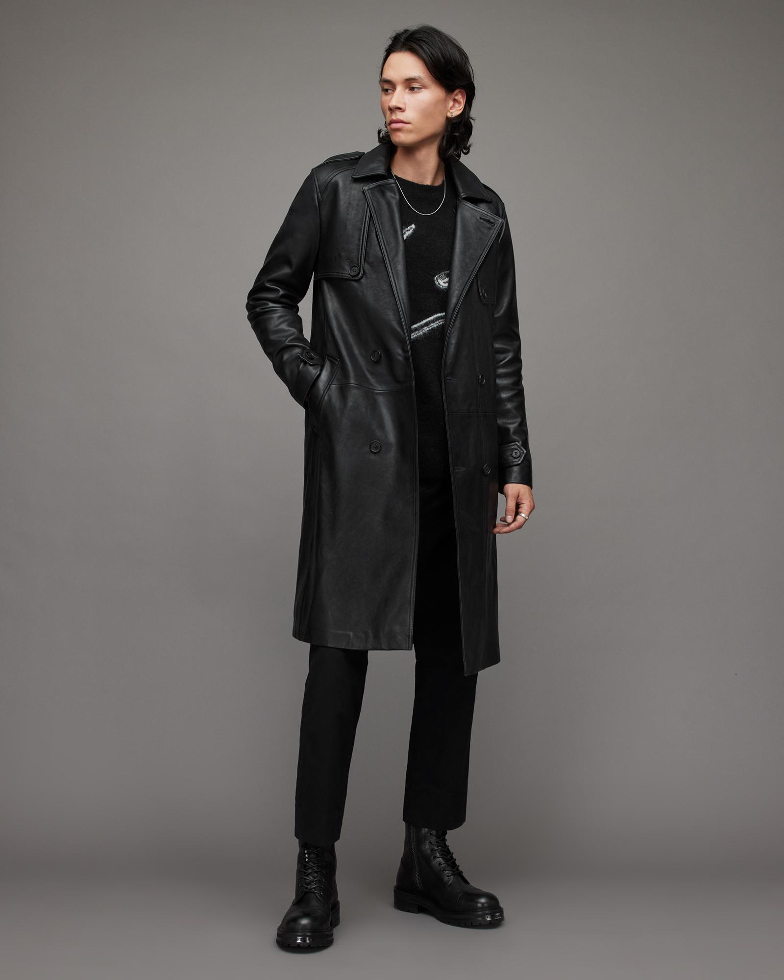 AllSaints Oken Leather Trench Coat in Black for Men Lyst UK