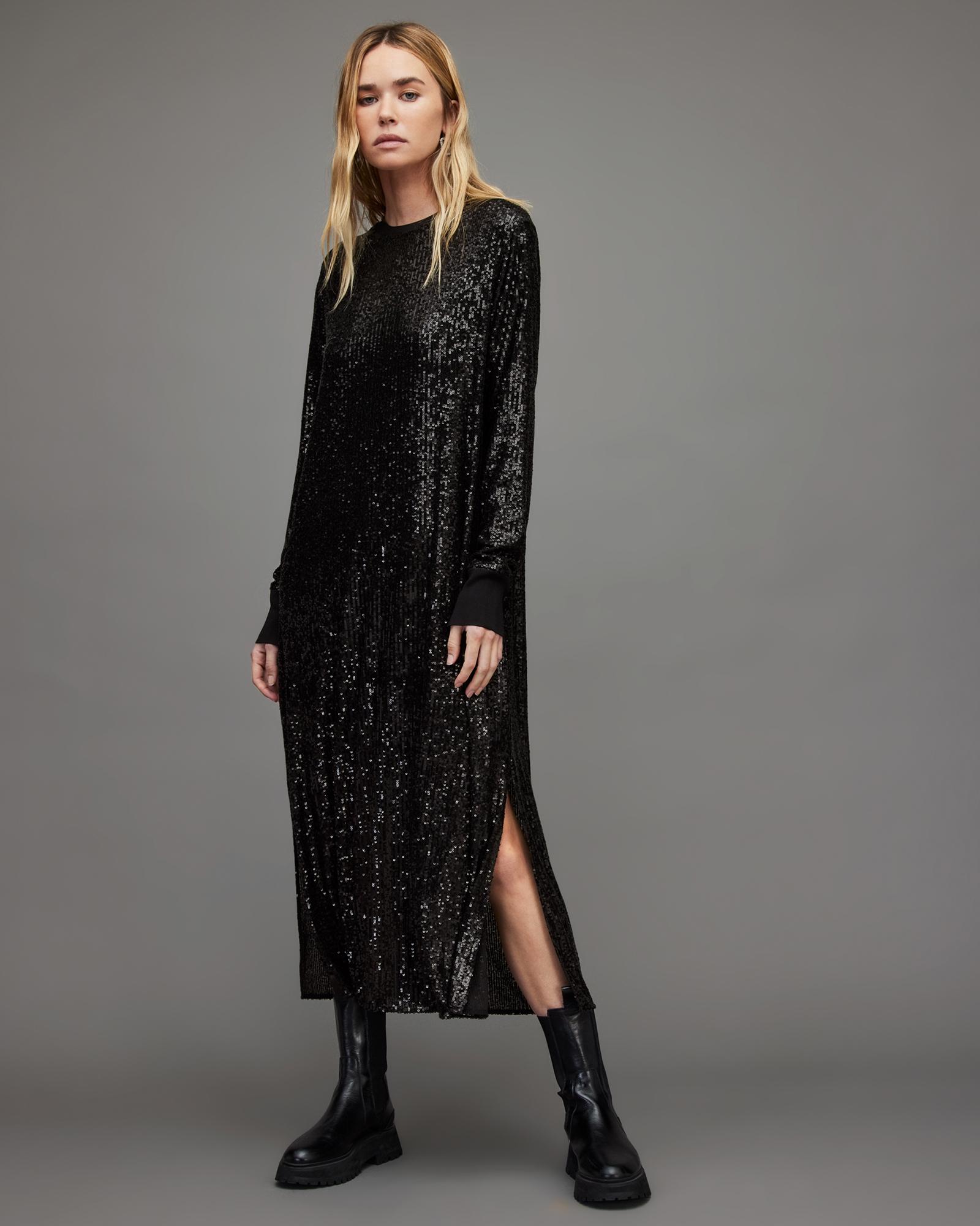 all saints black sequin dress ALLSAINTS Hadley in find out more ALLSAINTS Chantelle Sequin Midi Slip