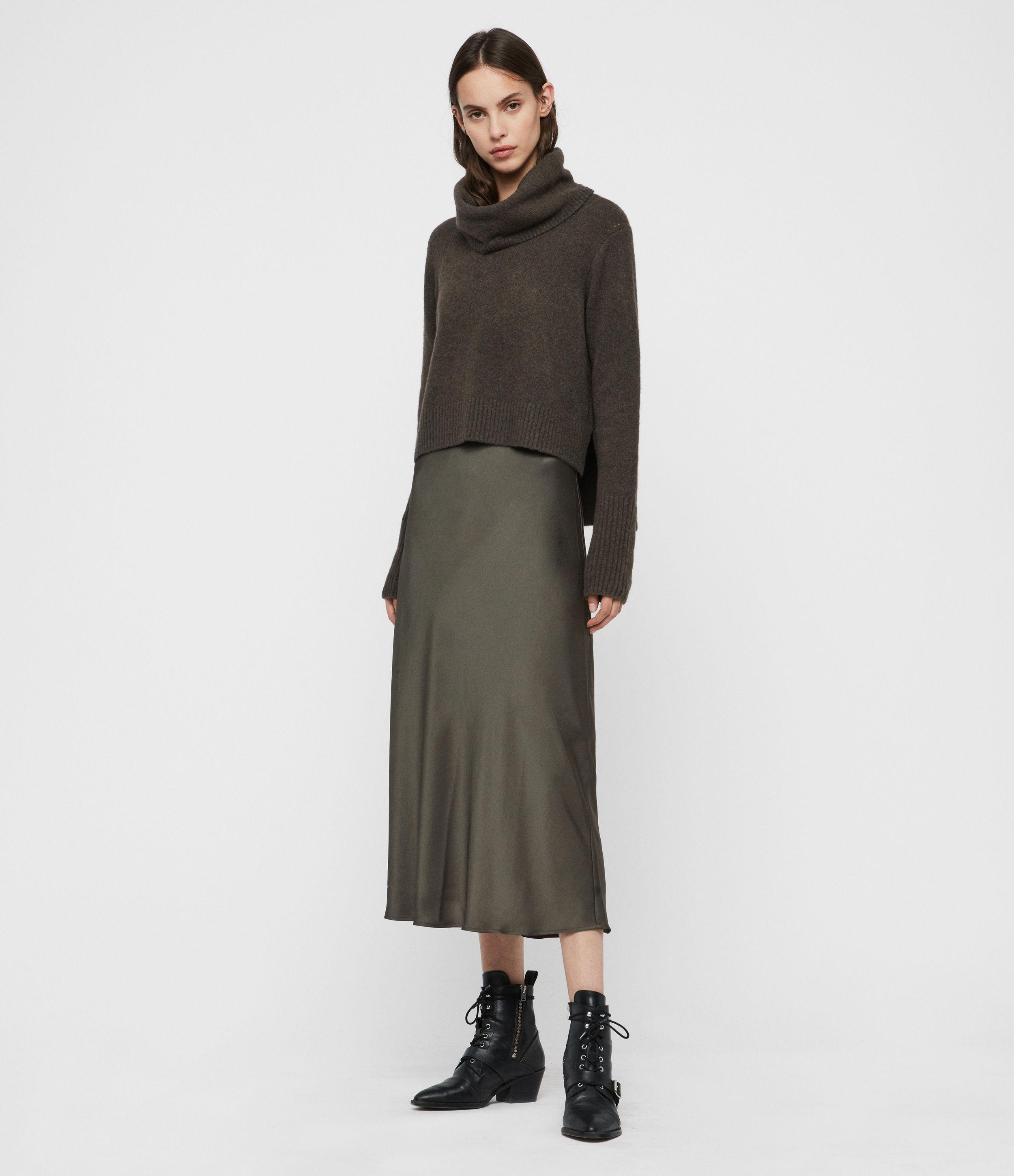 AllSaints Satin Women's Tierny Roll Neck 2-in-1 Dress in Military Green  (Green) | Lyst