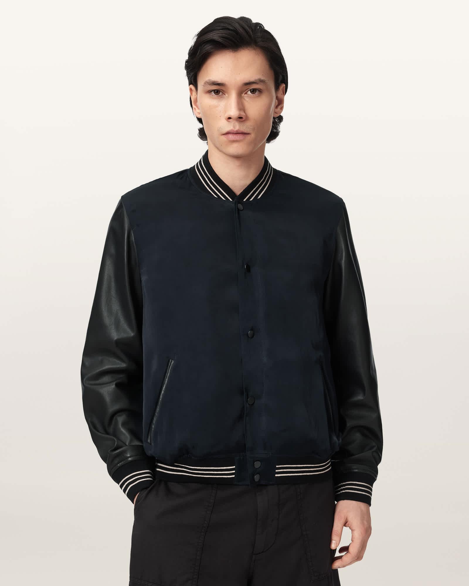 AllSaints Taishi Leather Varsity Bomber Jacket in Black for Men | Lyst