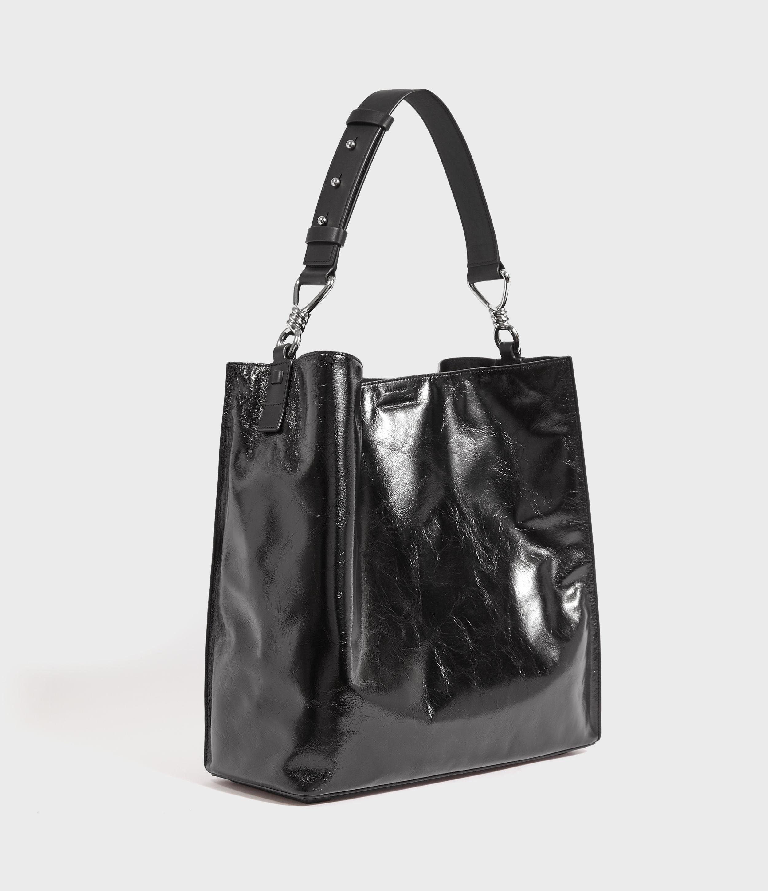 AllSaints Captain Shiny North South Leather Tote Bag in Black | Lyst