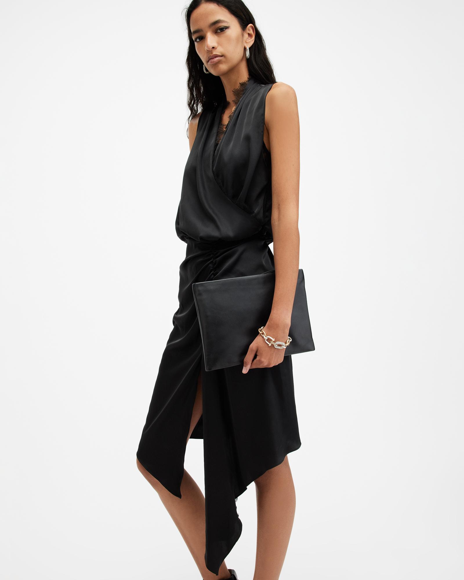 AllSaints Abi Lace Trim Draped Midi Dress in Black Lyst UK