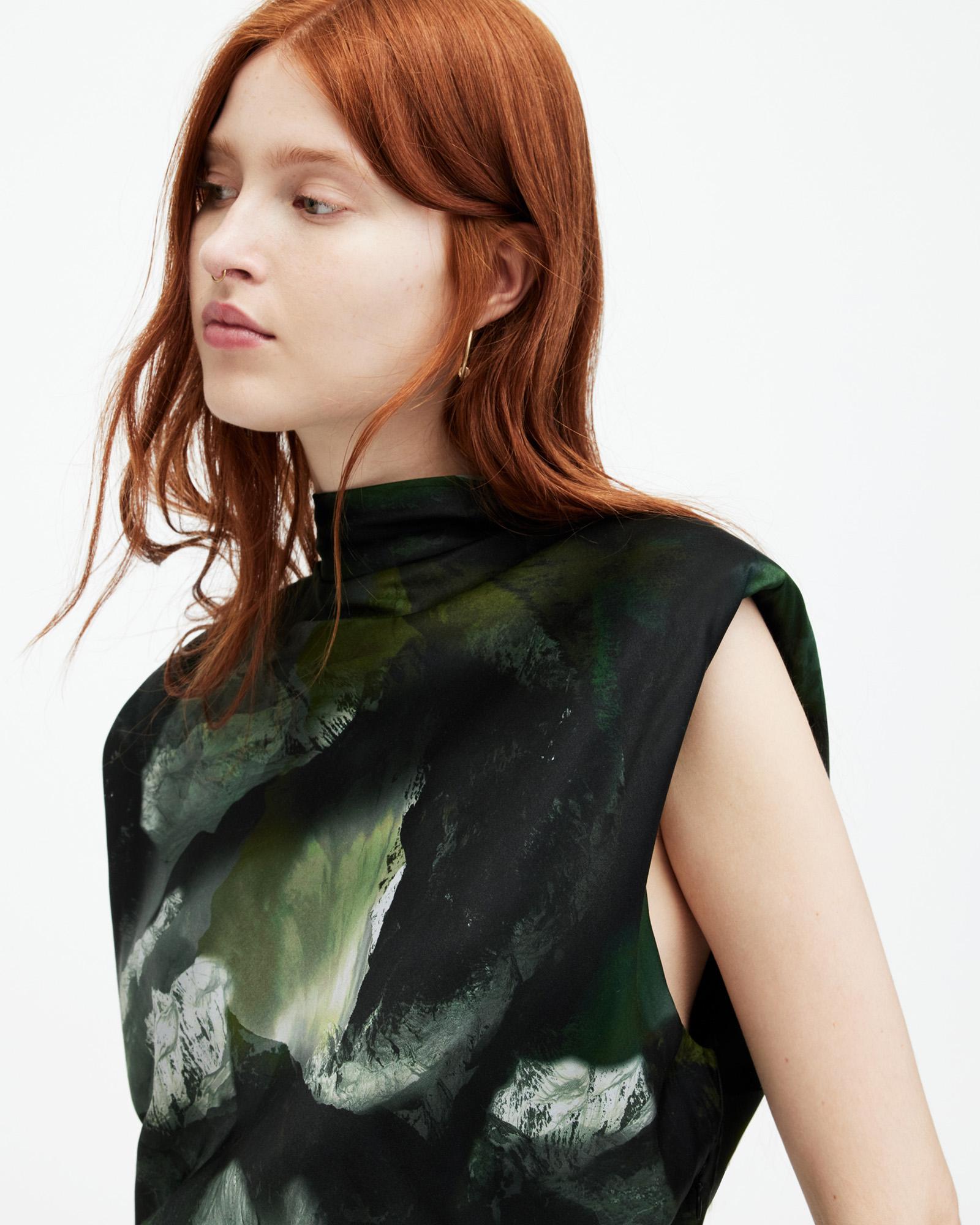 isa silk blend camo print midi dress AllSaints Isa Silk Blend Camo Print Midi Dress in Green