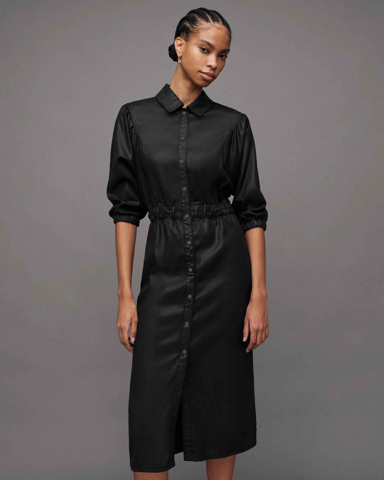 AllSaints Osa Coated Denim Midi Shirt Dress in Black