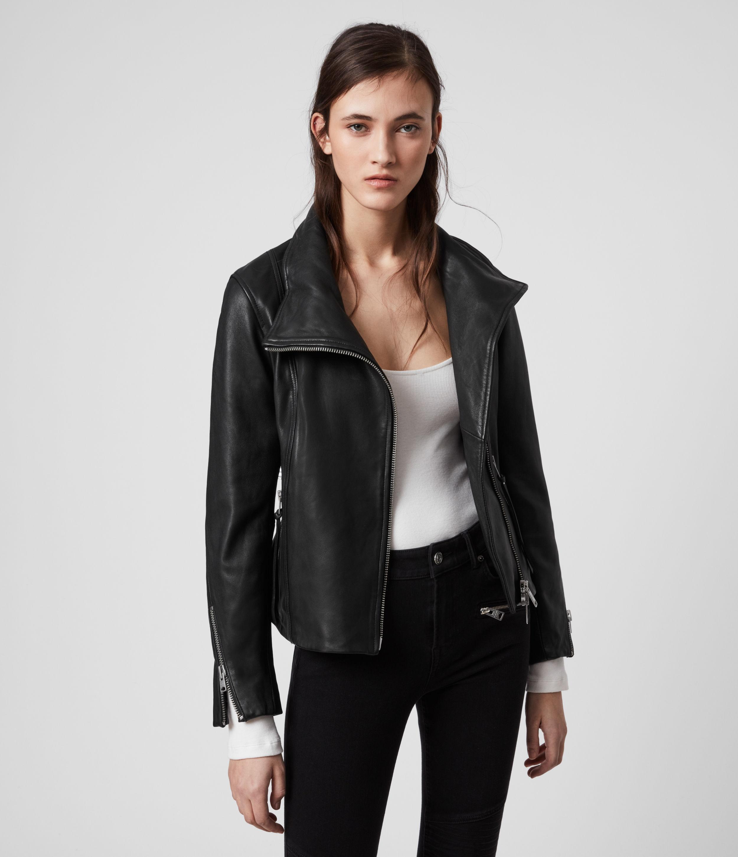 AllSaints Women's Lamb Leather Slim Fit Ellis Biker Jacket, Black, Size ...