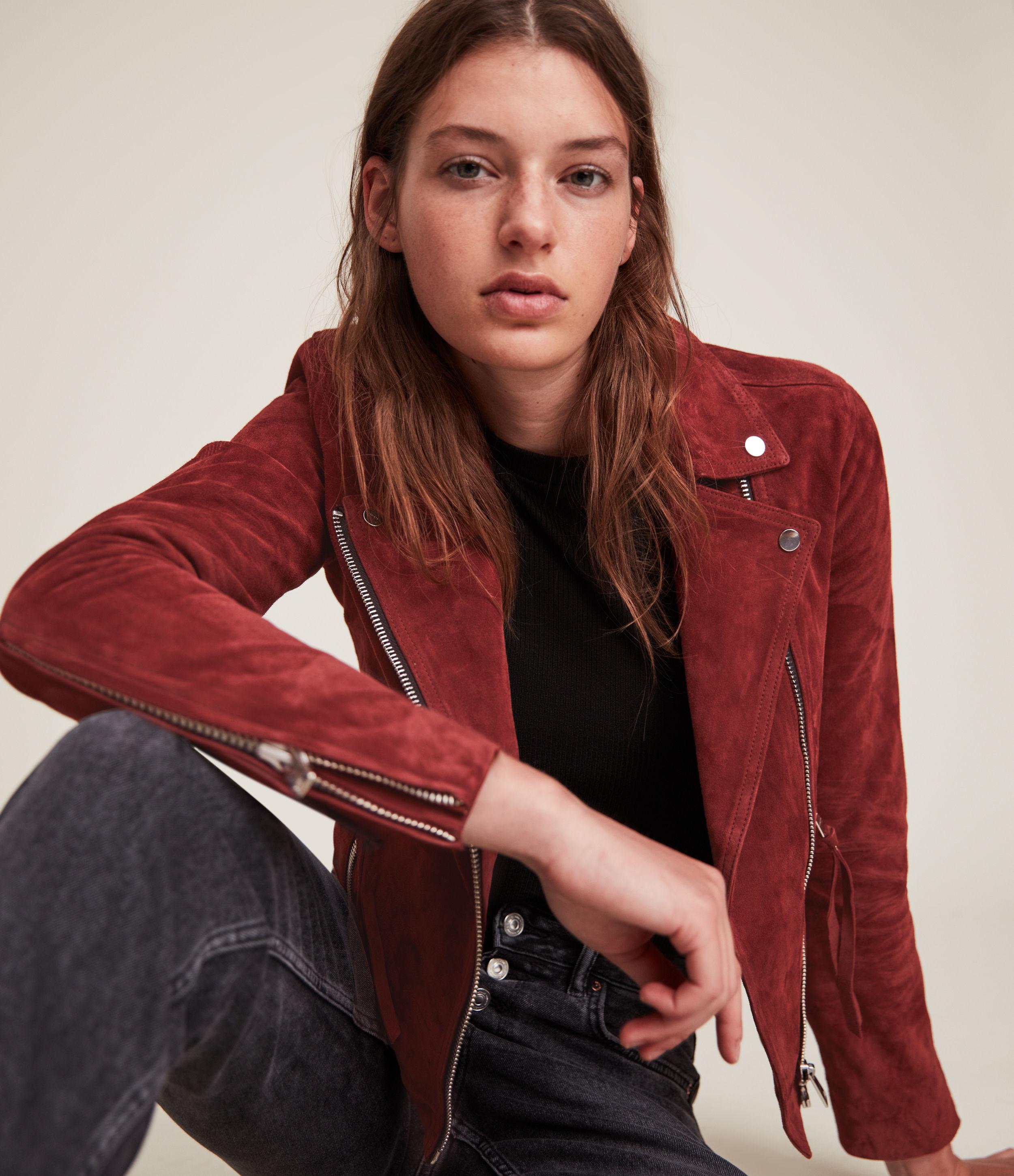 AllSaints Dalby Suede Biker Jacket in Red | Lyst