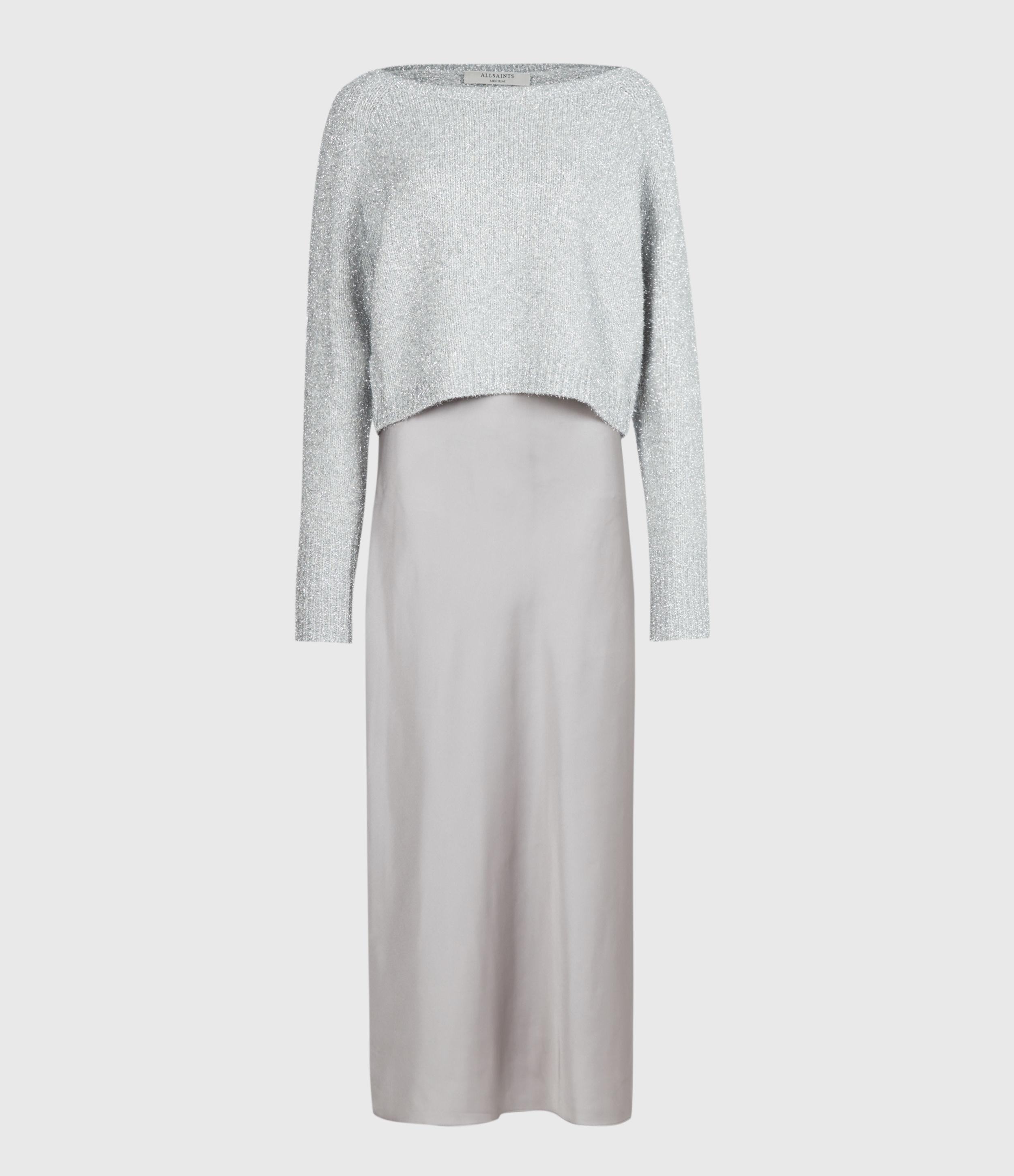 AllSaints Rosetta Tinsel Dress Womens in Gray | Lyst