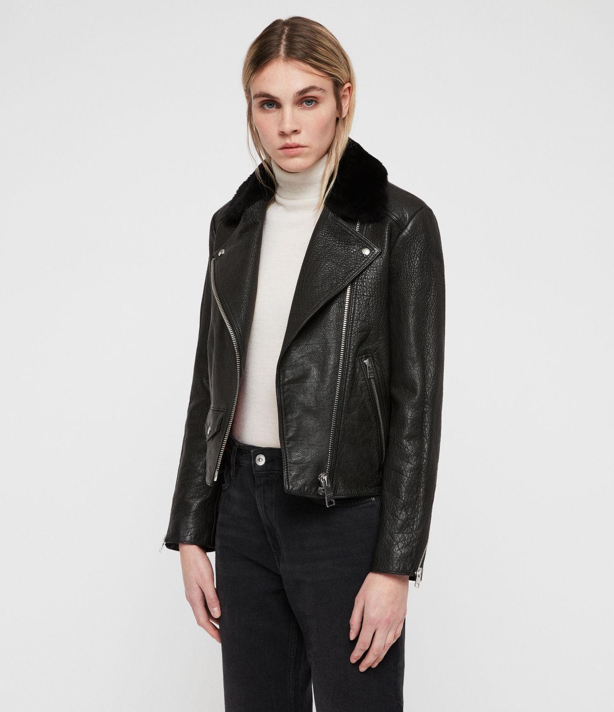 Whistles Collar Leather Biker Jacket, Black