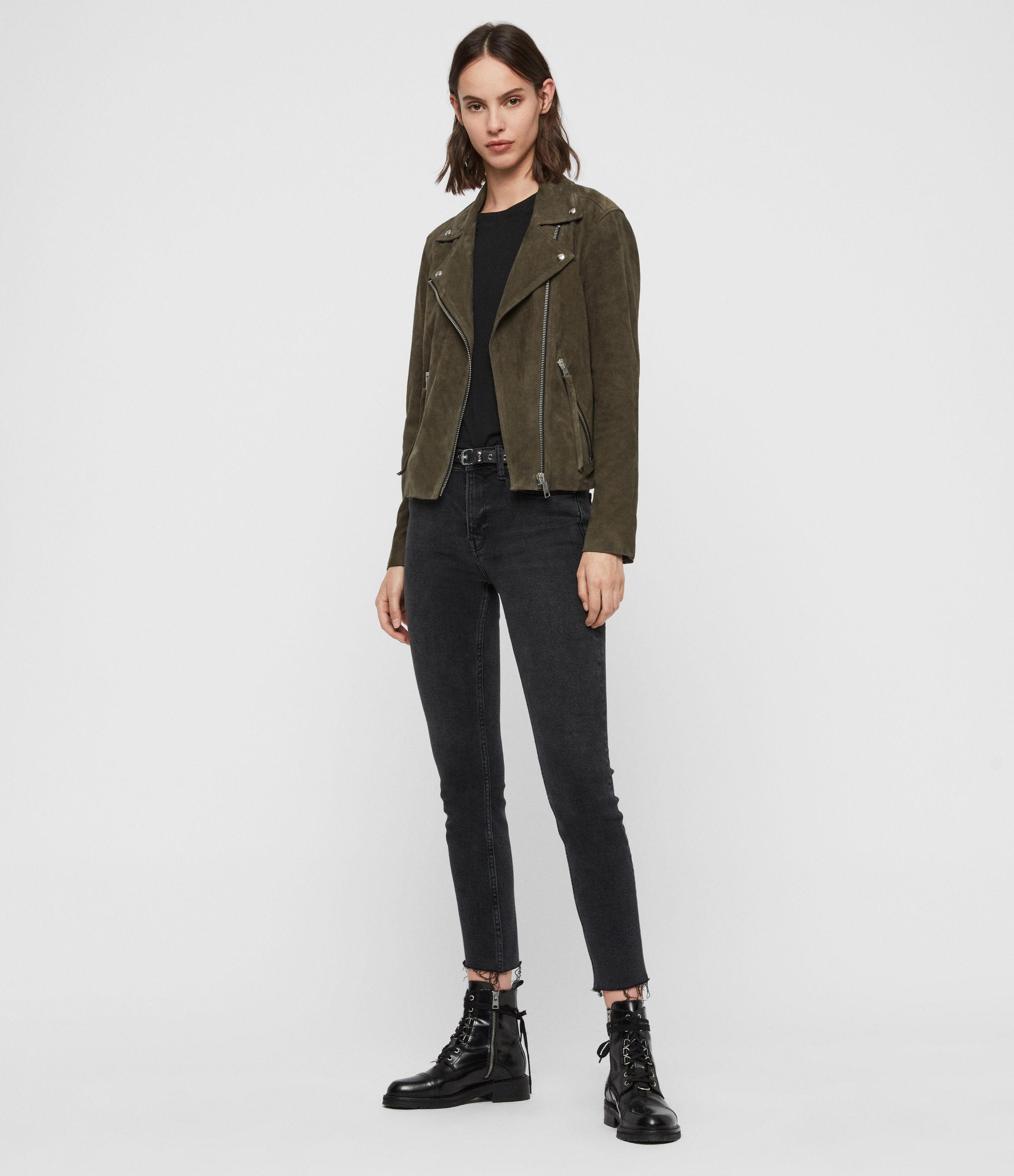 AllSaints Suede Dalby Biker Jacket in Green (Black) - Lyst