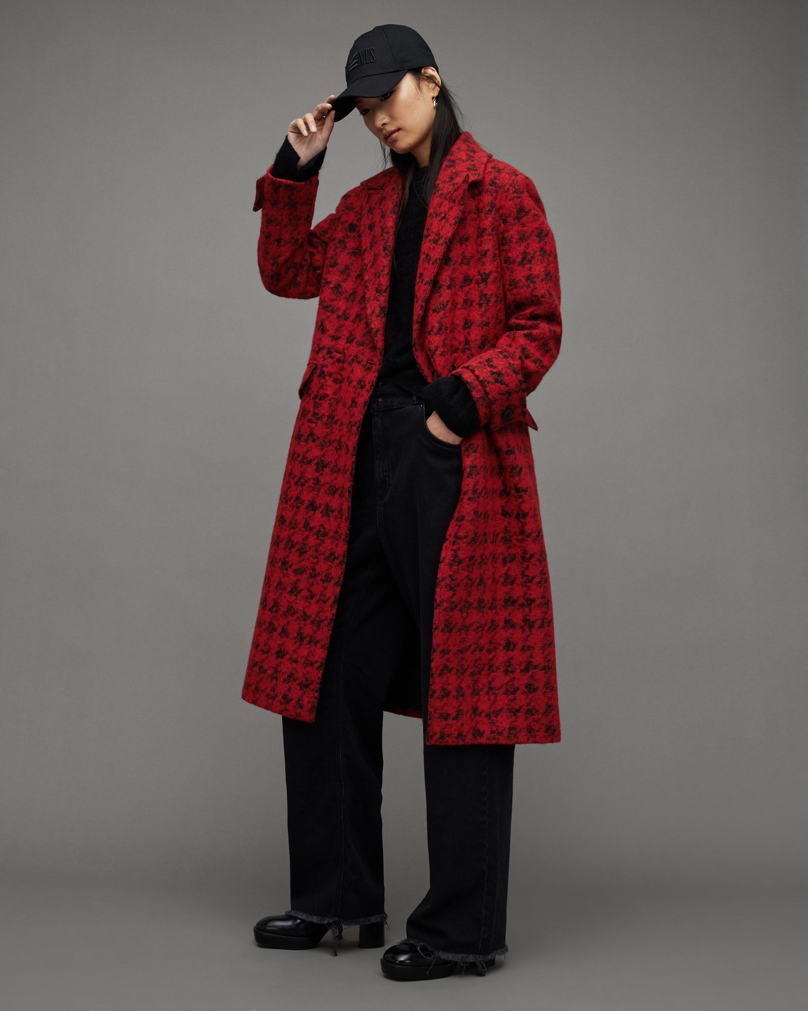 AllSaints Mabel Double Breasted Houndstooth Coat in Red | Lyst UK