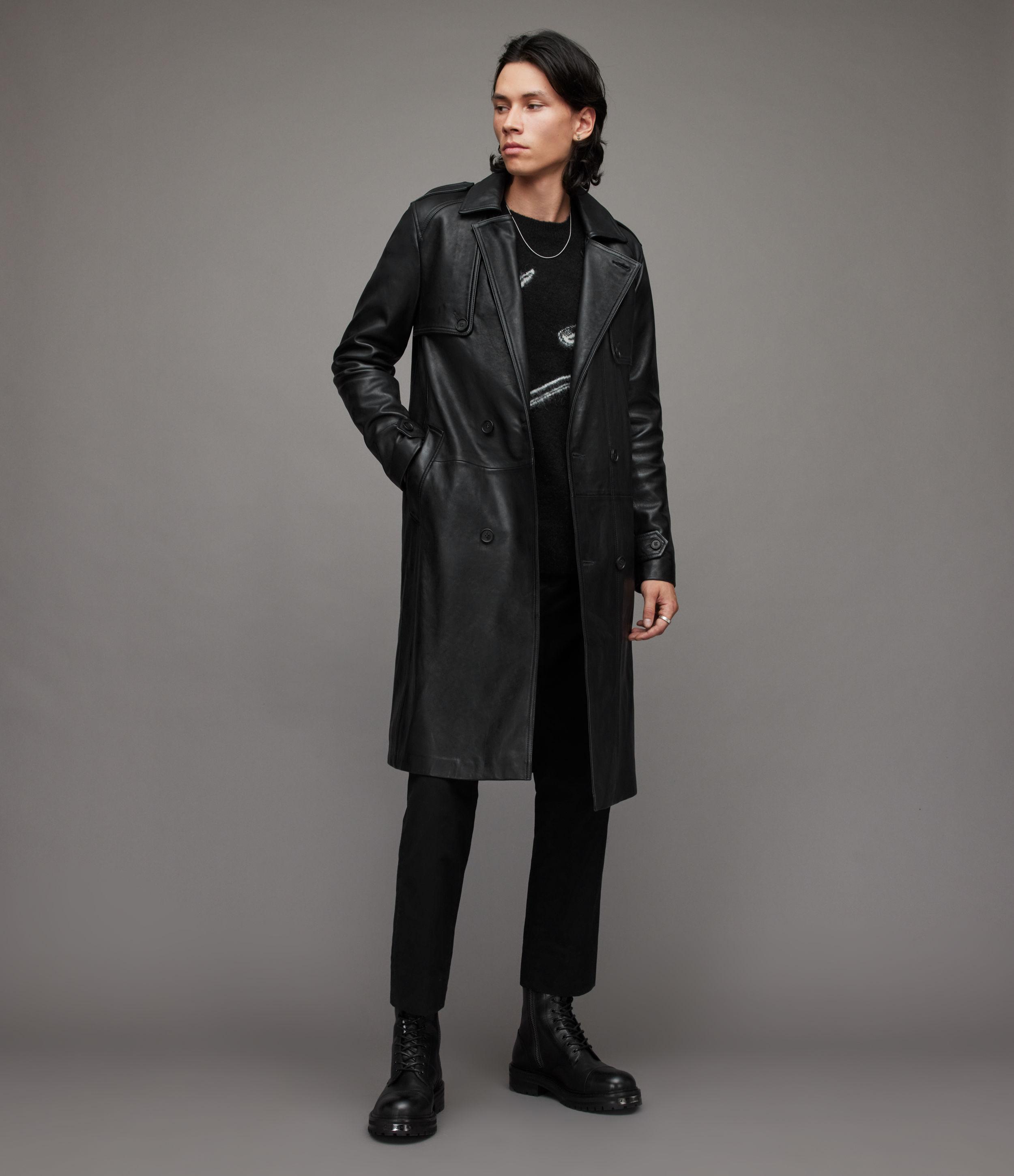 AllSaints Oken Leather Trench Coat in Black for Men Lyst