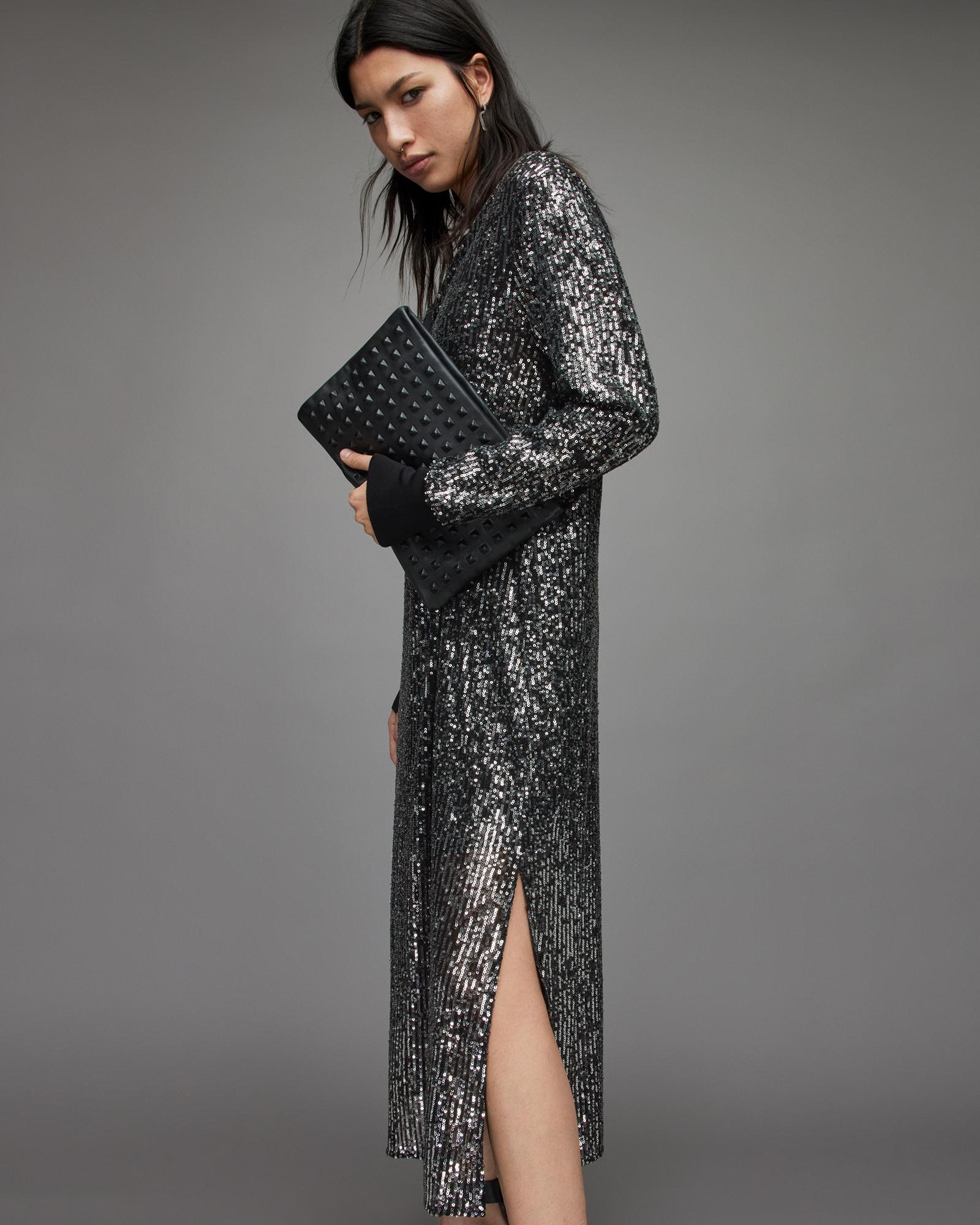 all saints silver sequin dress Like New All Saints Jules Sequined Dress Black Silver Generous Size XS