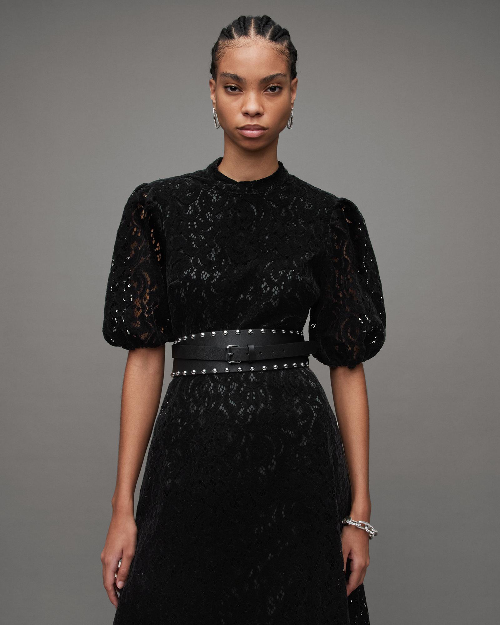 AllSaints Camila High Neck Lace Asymmetric Dress in Black | Lyst