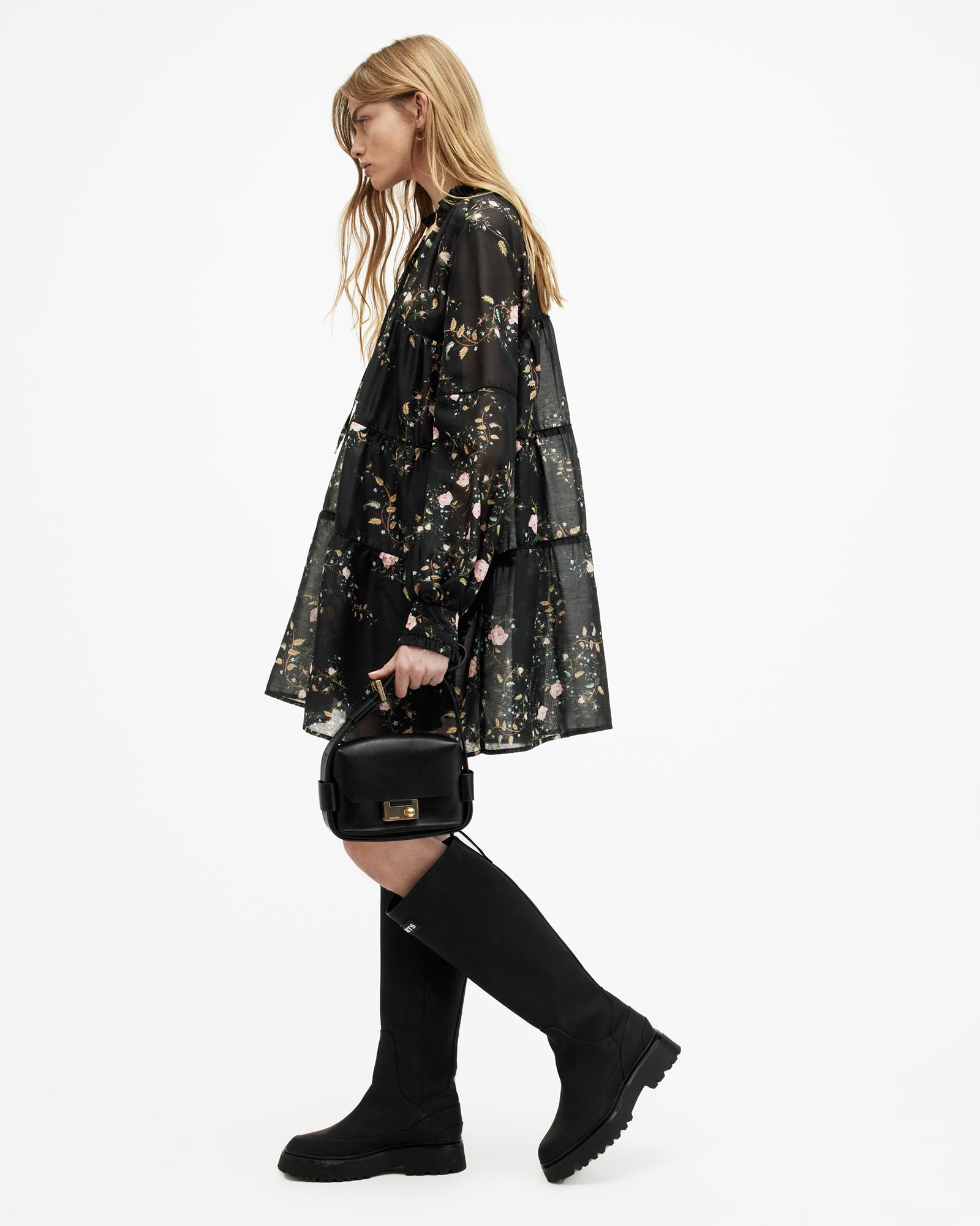 AllSaints Mindy Oversized Oto Floral Mini Dress, in Black | Lyst