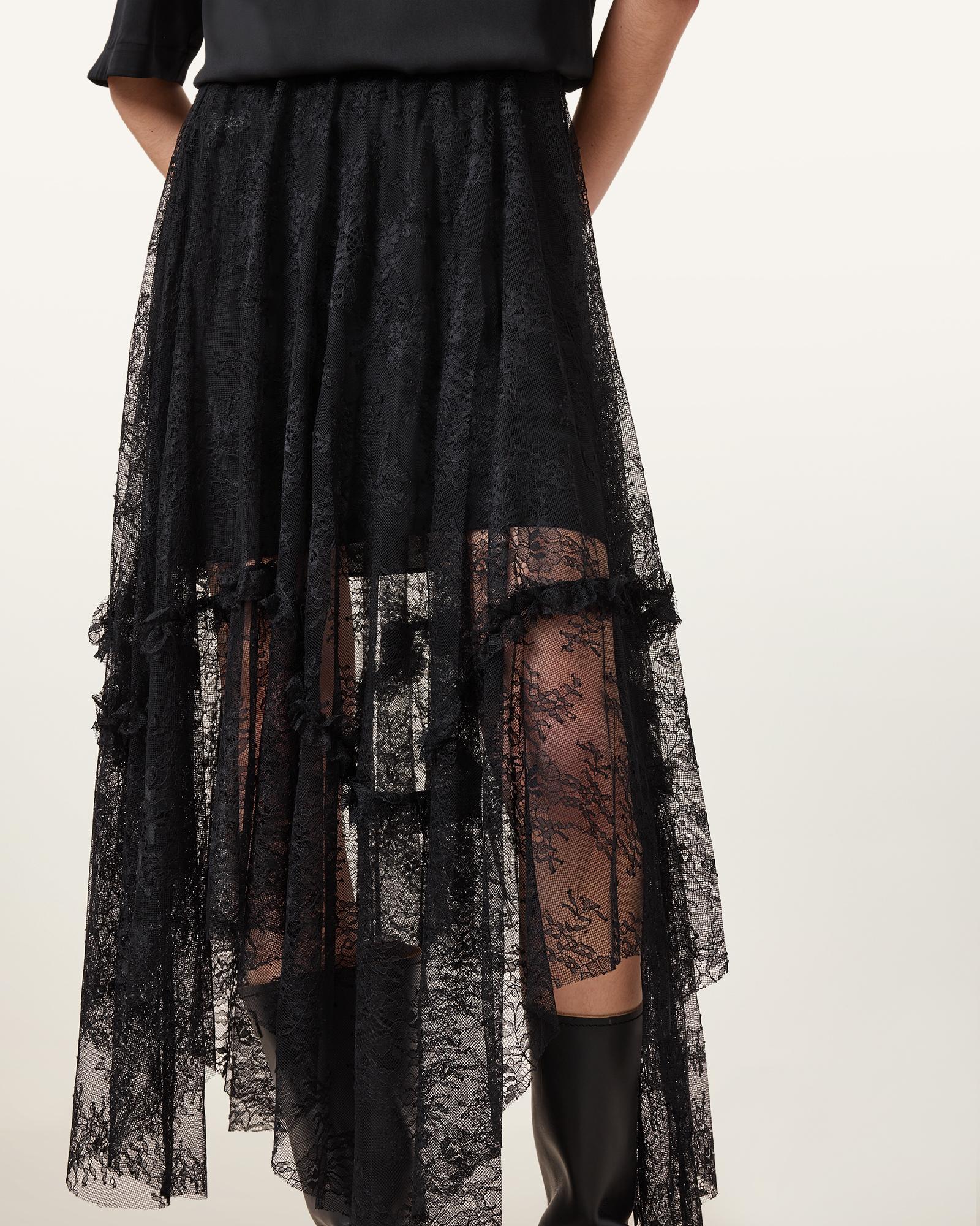 AllSaints Polyamide Josie Tiered Lace Midi Skirt, /Us 6 in Black