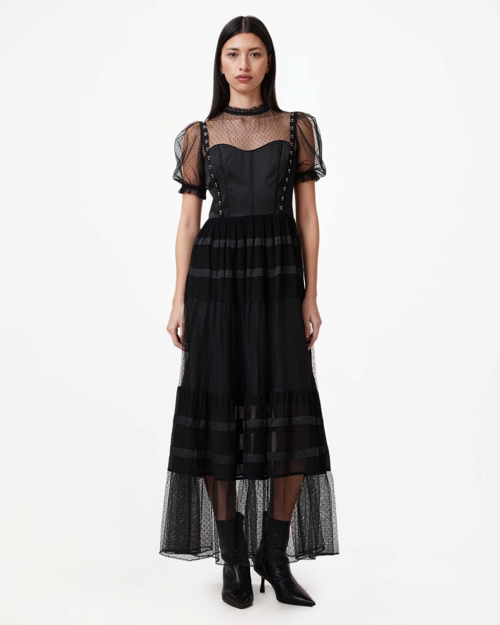 black dress with polka dot mesh 1920s Flapper Long Gown Beaded Sequin Great Gatsby Formal Party Dress –  Woodland Gatherer main image 1