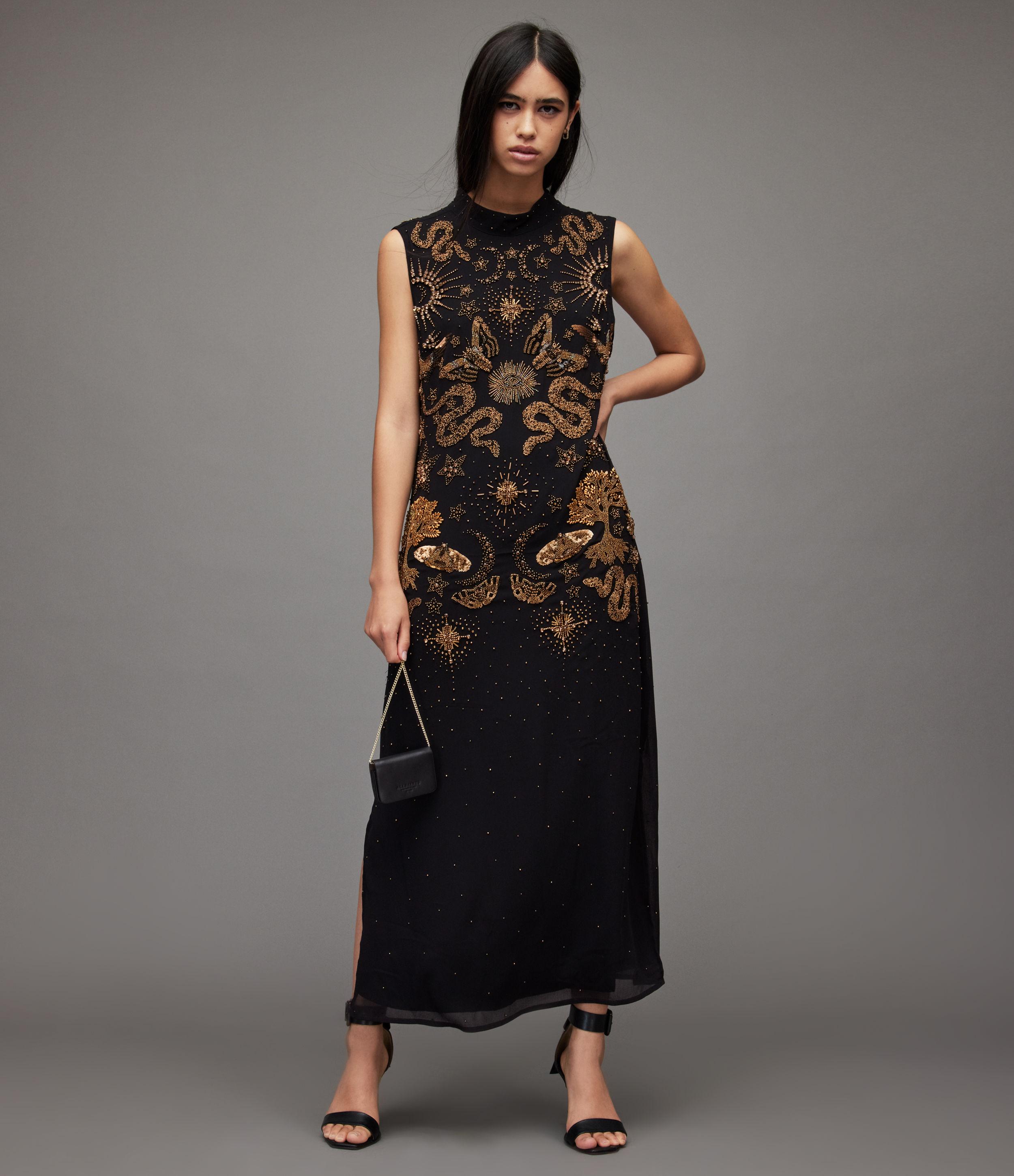 all saints beaded dress Vintage All Saints Hand Embellished Black Beaded Mini Camisole Sheath Dress  Sz 0