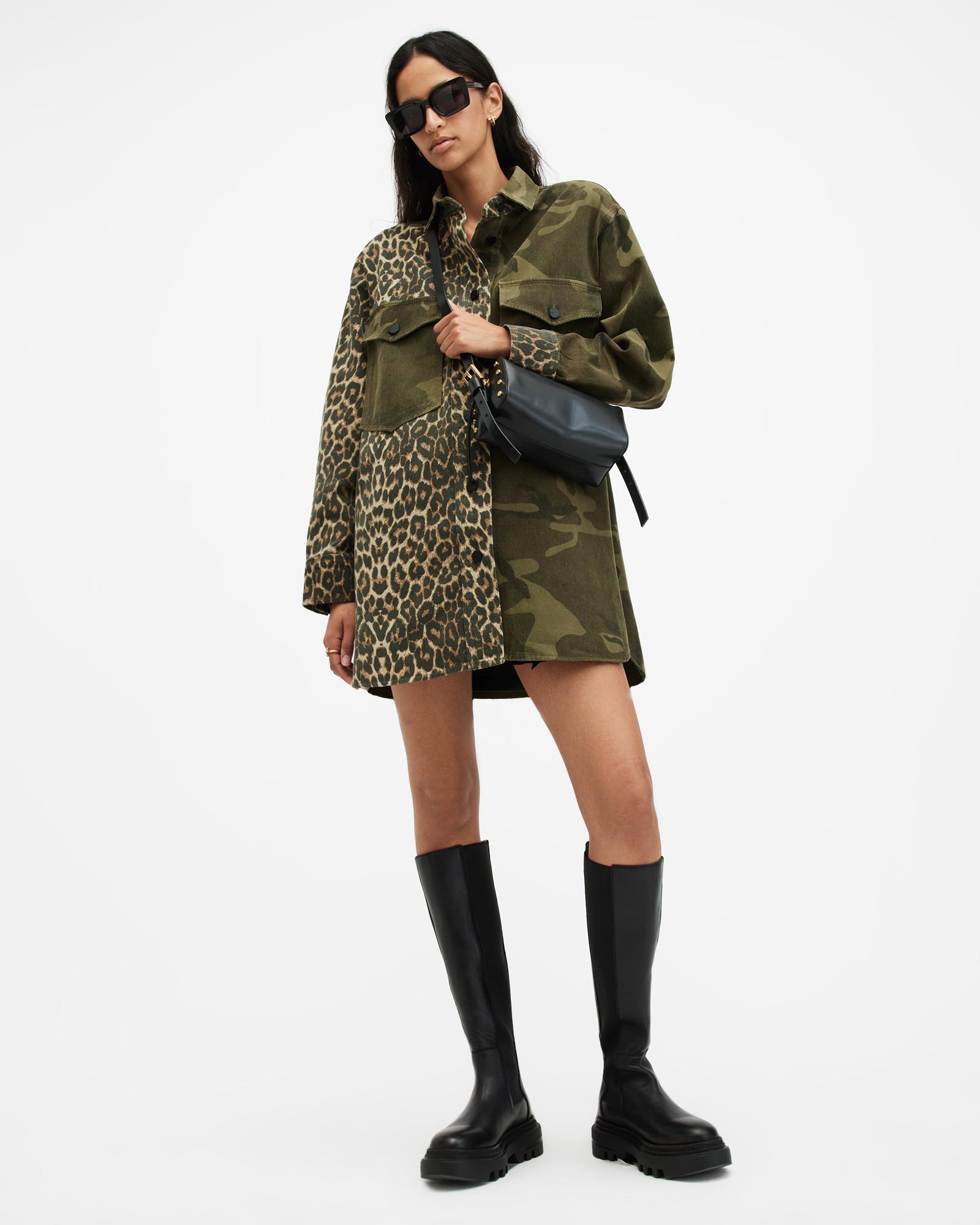 all saints green leopard dress AllSaints Lily Oversized Denim Shacket Dress,, Camo in flag:Plus Available