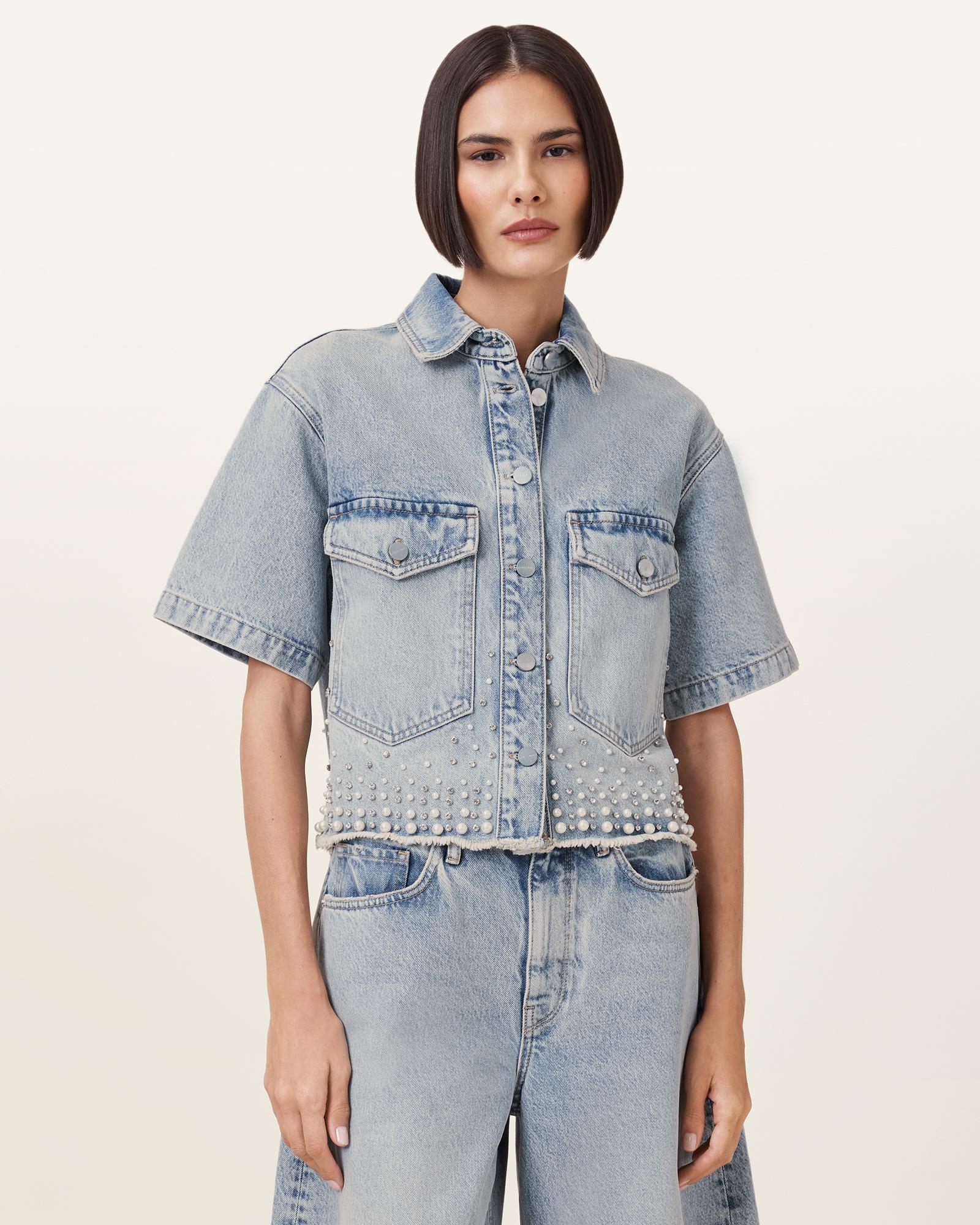 AllSaints Tove Embellished Oversized Denim Shirt in Blue | Lyst