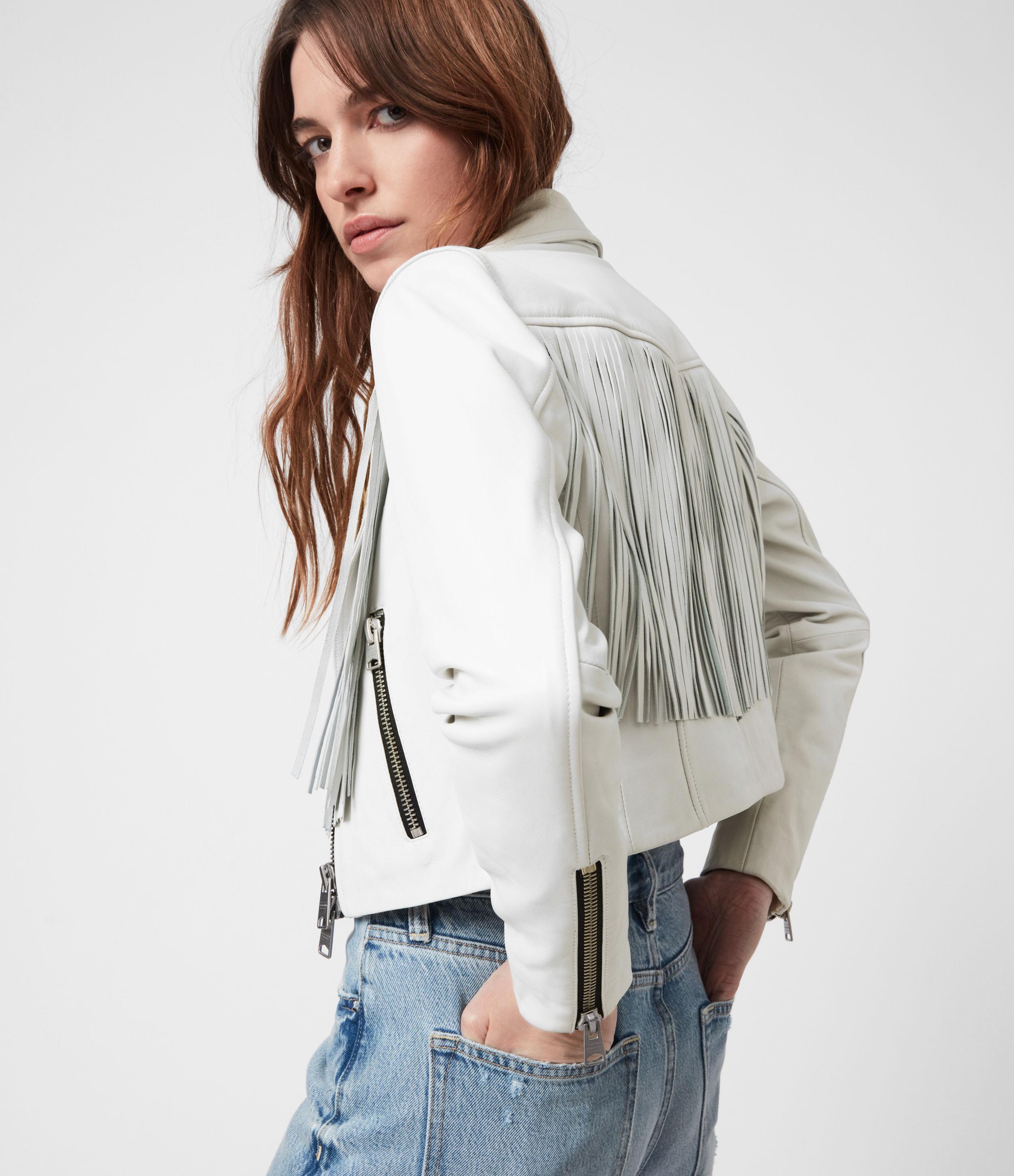 AllSaints Elora Tassel Leather Biker Jacket in White | Lyst