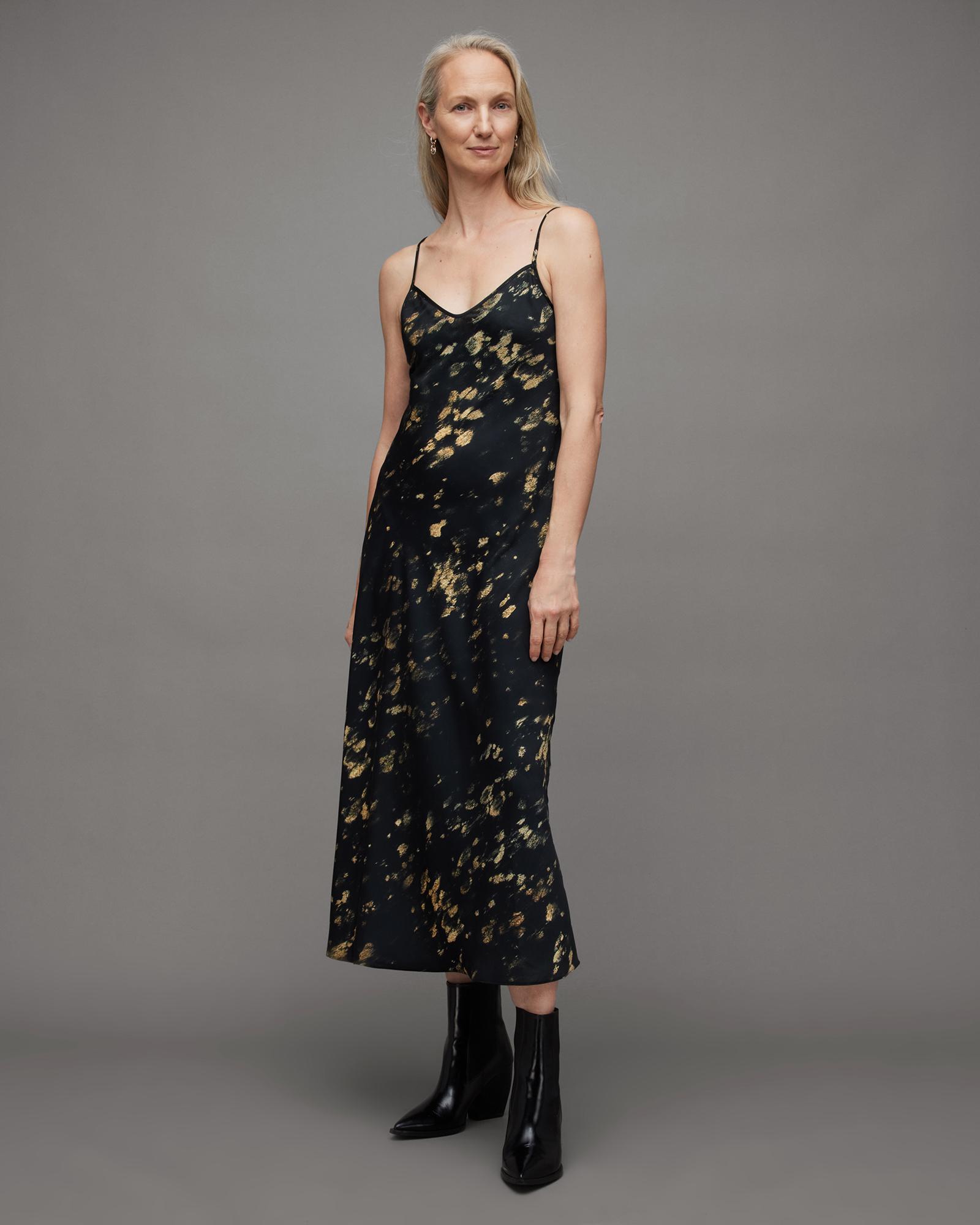 AllSaints Bryony Gold Print Ronnie Midi Slip Dress in Black | Lyst Australia