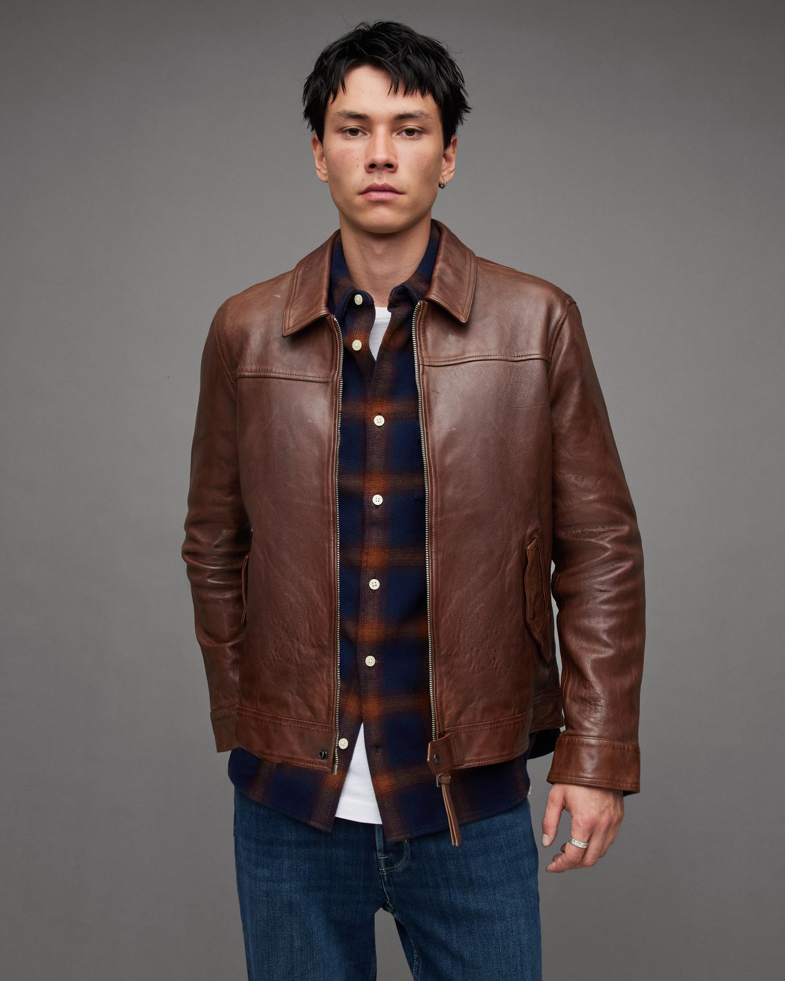AllSaints Brim Washed Leather Jacket in Brown for Men Lyst