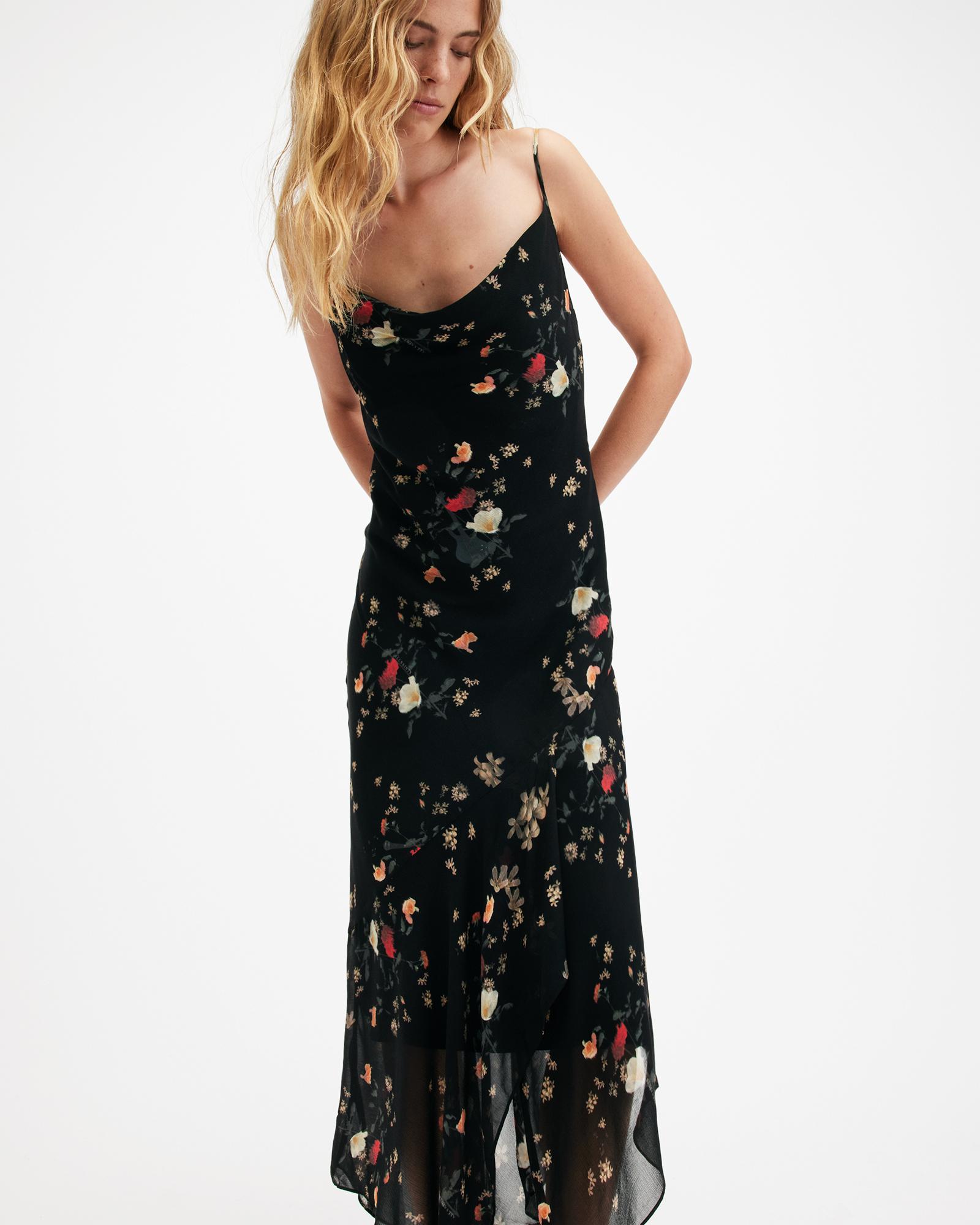 AllSaints Charlotte Kora Floral Print Midi Slip Dress in Black Lyst