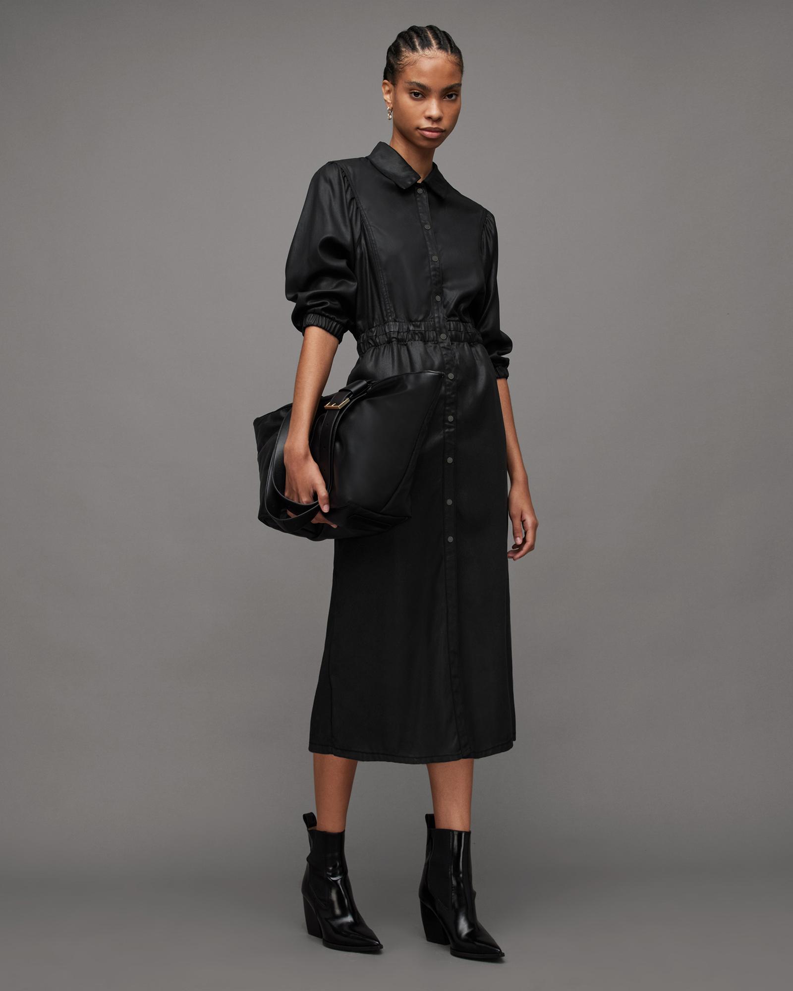 AllSaints Osa Coated Denim Midi Shirt Dress in Black | Lyst Canada
