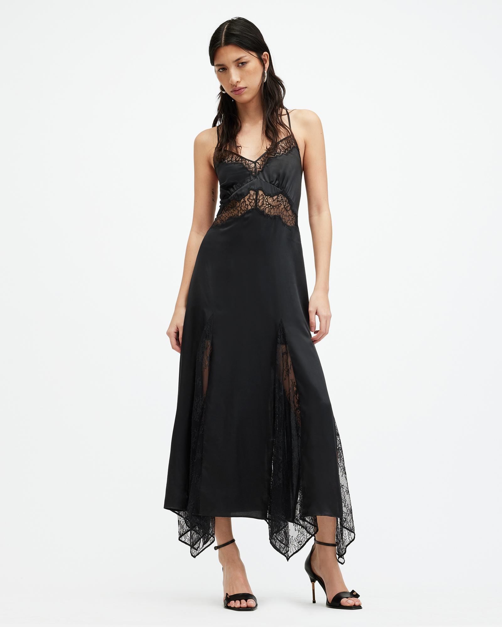 all saints black lace dress AllSaints Jasmine Silk Blend Maxi Slip Dress, in Size:8 USA Crafted from soft cotton Grammys 2025: Sabrina Carpenter knee length black lace