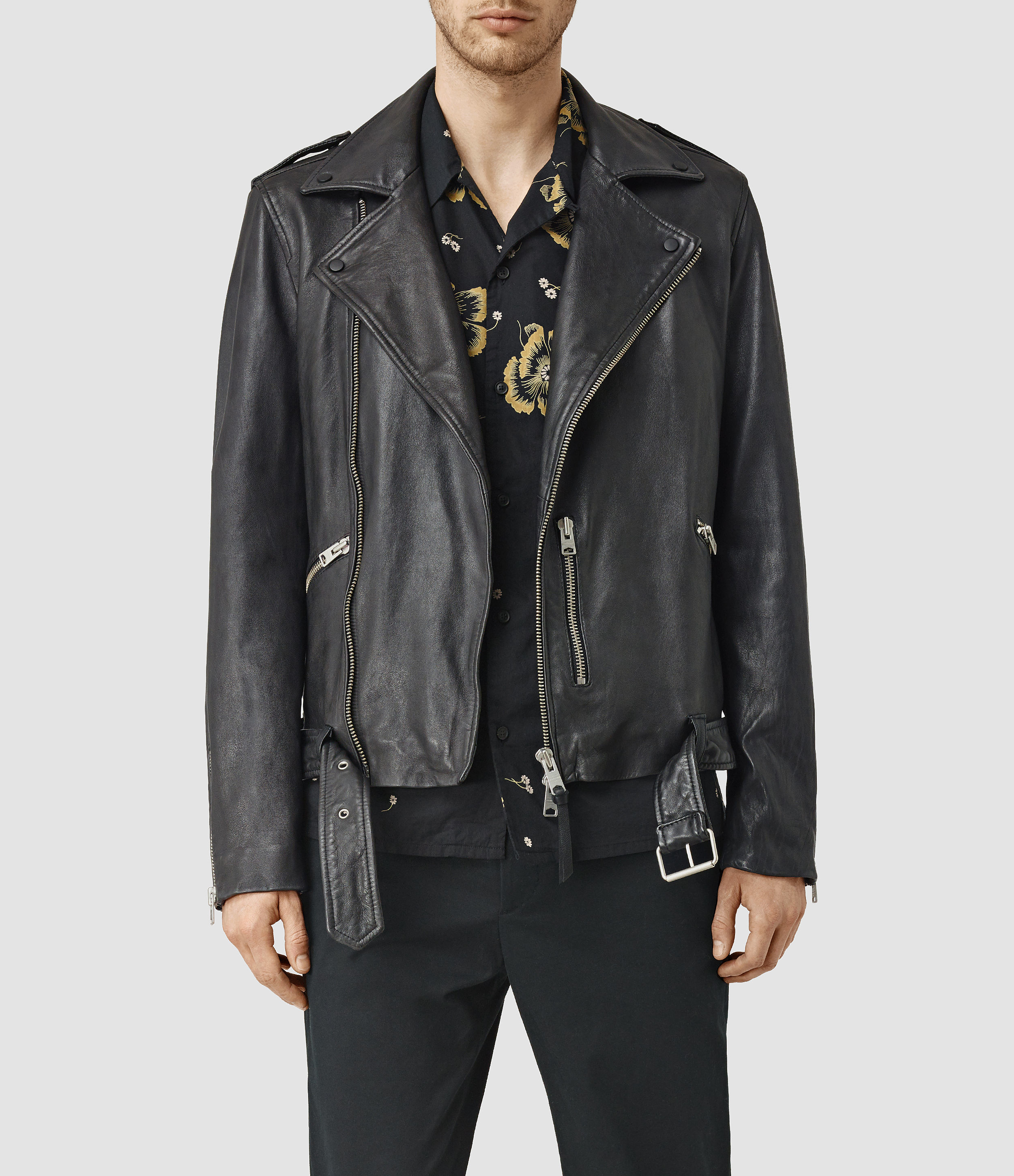 AllSaints Kahawa Leather Biker Jacket in Grey for Men Lyst Australia