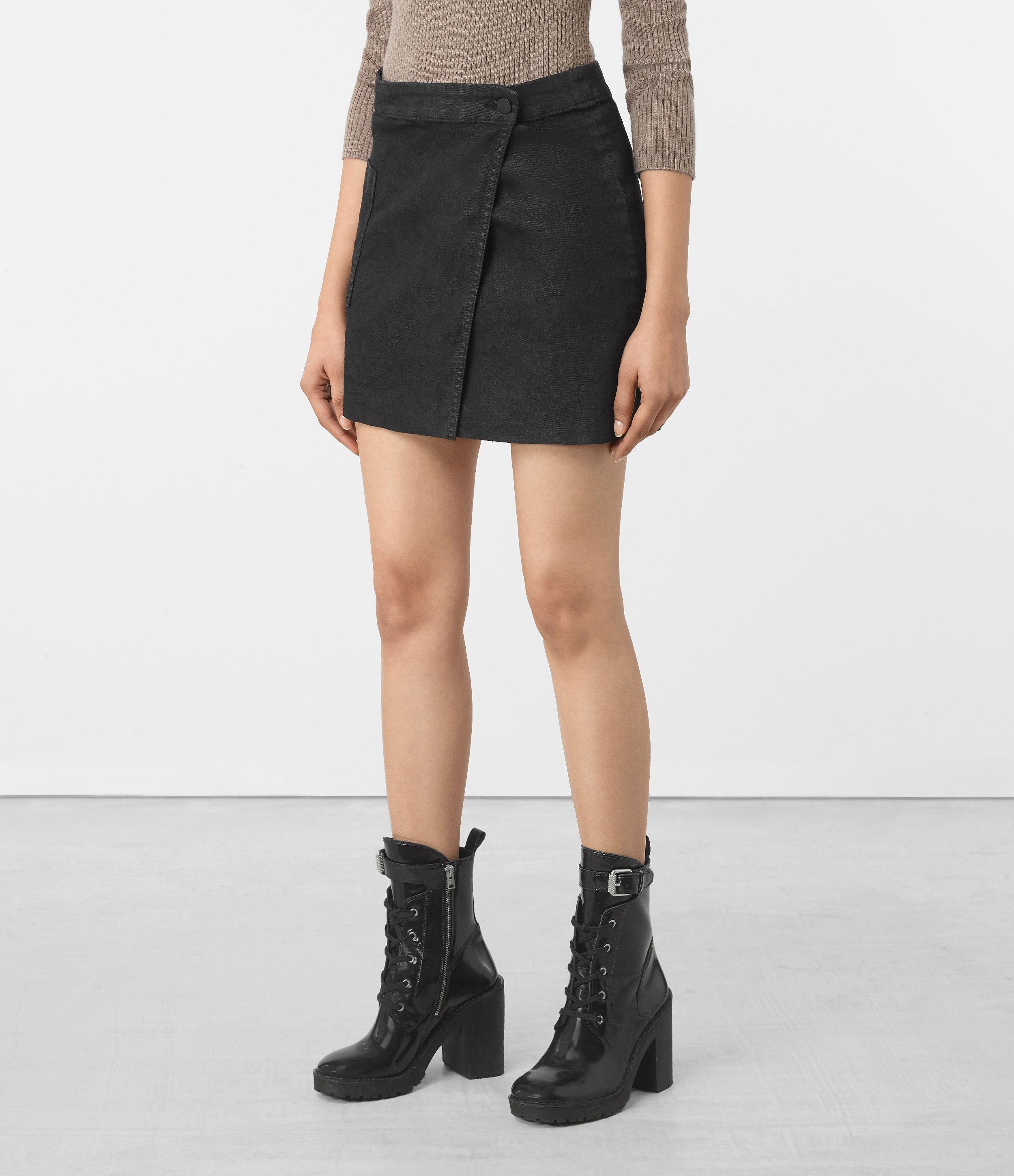 all saints black denim skirt