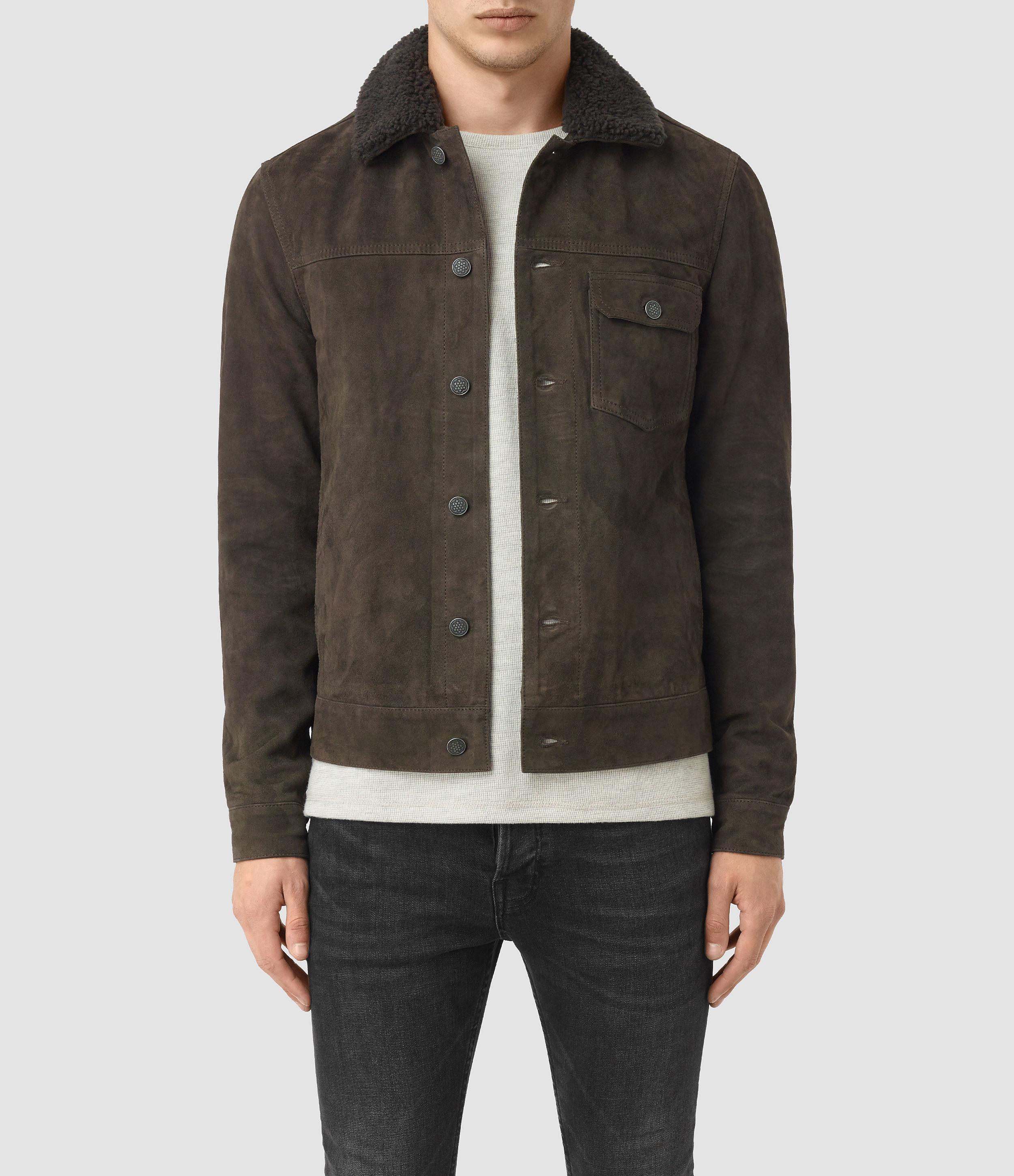 Mens Jacket All Saints Grey Suede Jacket Kemble Suede Slim Fit - Main Image