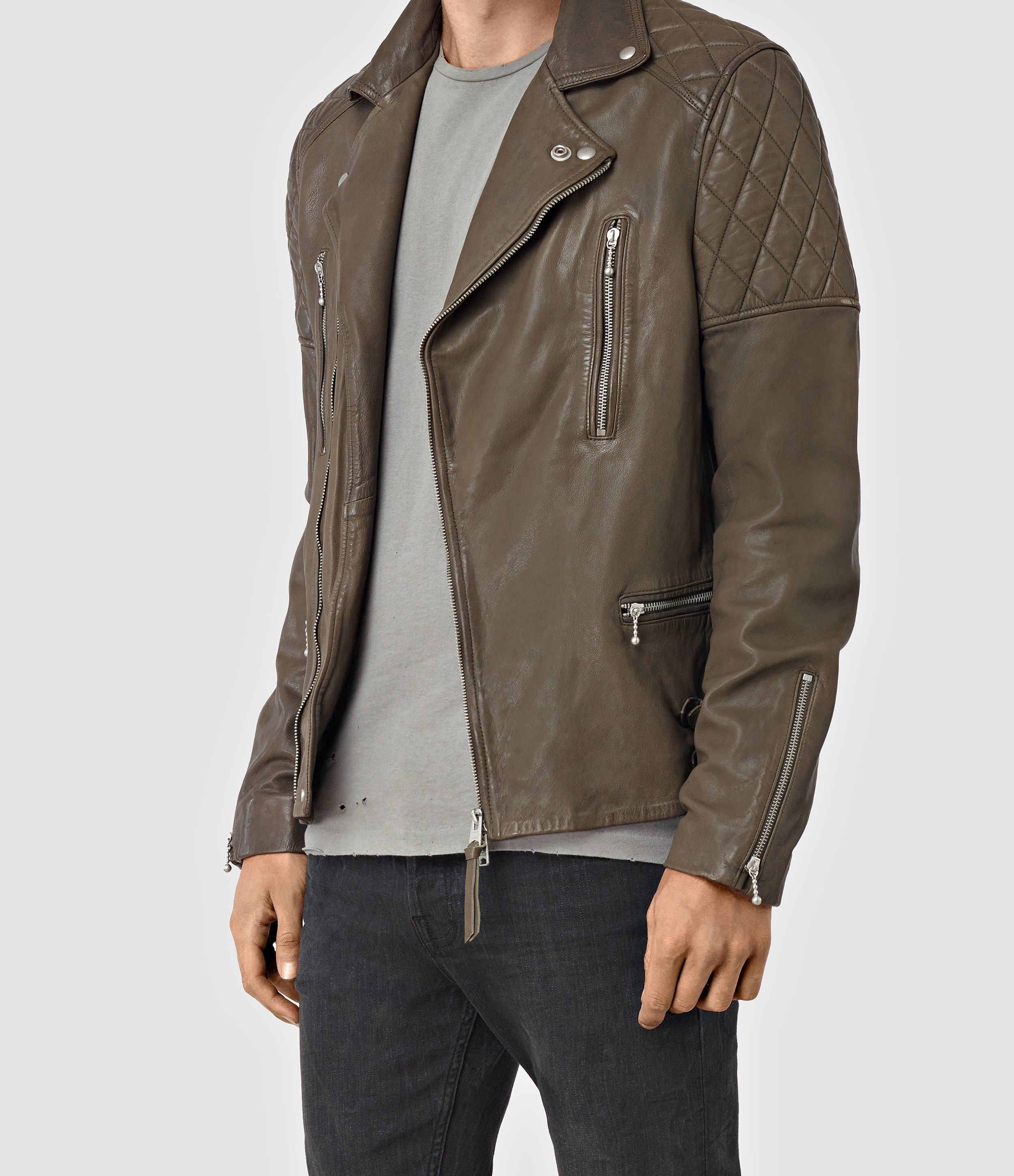 AllSaints Yuku Leather Biker Jacket in Grey for Men | Lyst UK