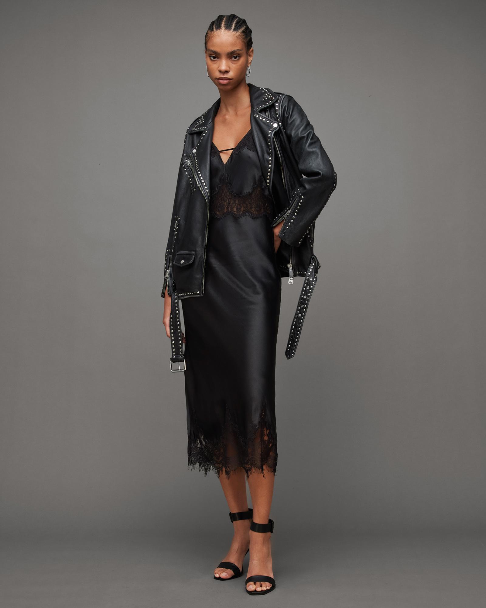 knee length dresses for ladies AllSaints Kadi Leather Dress Black Size US 2 Long Sleeve Mini NEW –  Celebrity Owned