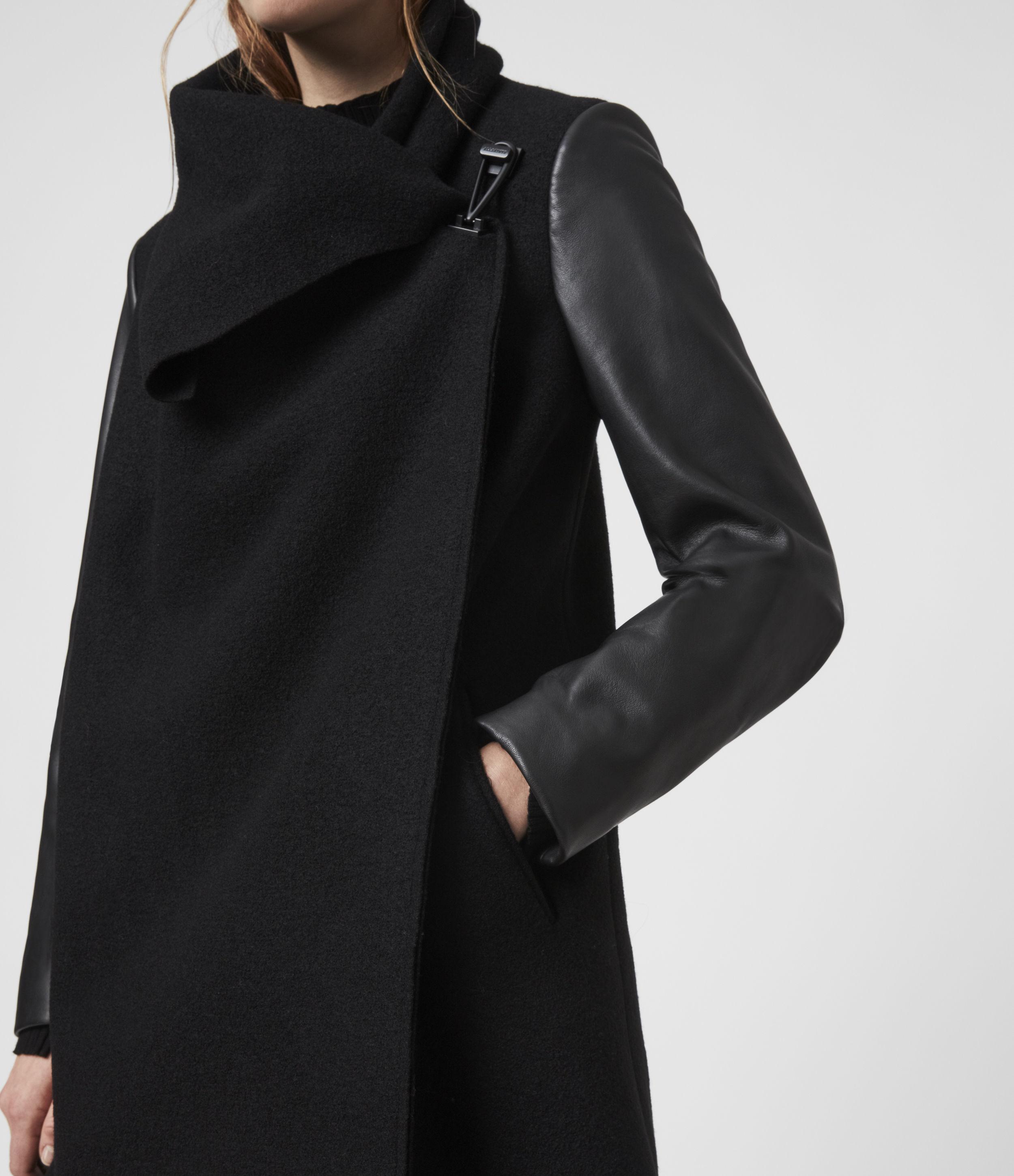 AllSaints Monument Lea Wool And Leather Coat in Black Lyst UK