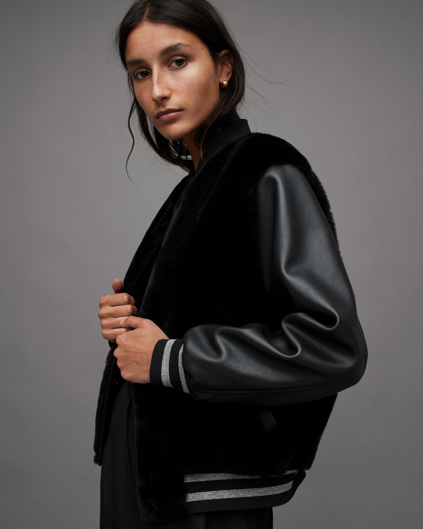 AllSaints Margot Ribbed trim Leather And Shearling Baseball Jacket in Black Lyst UK
