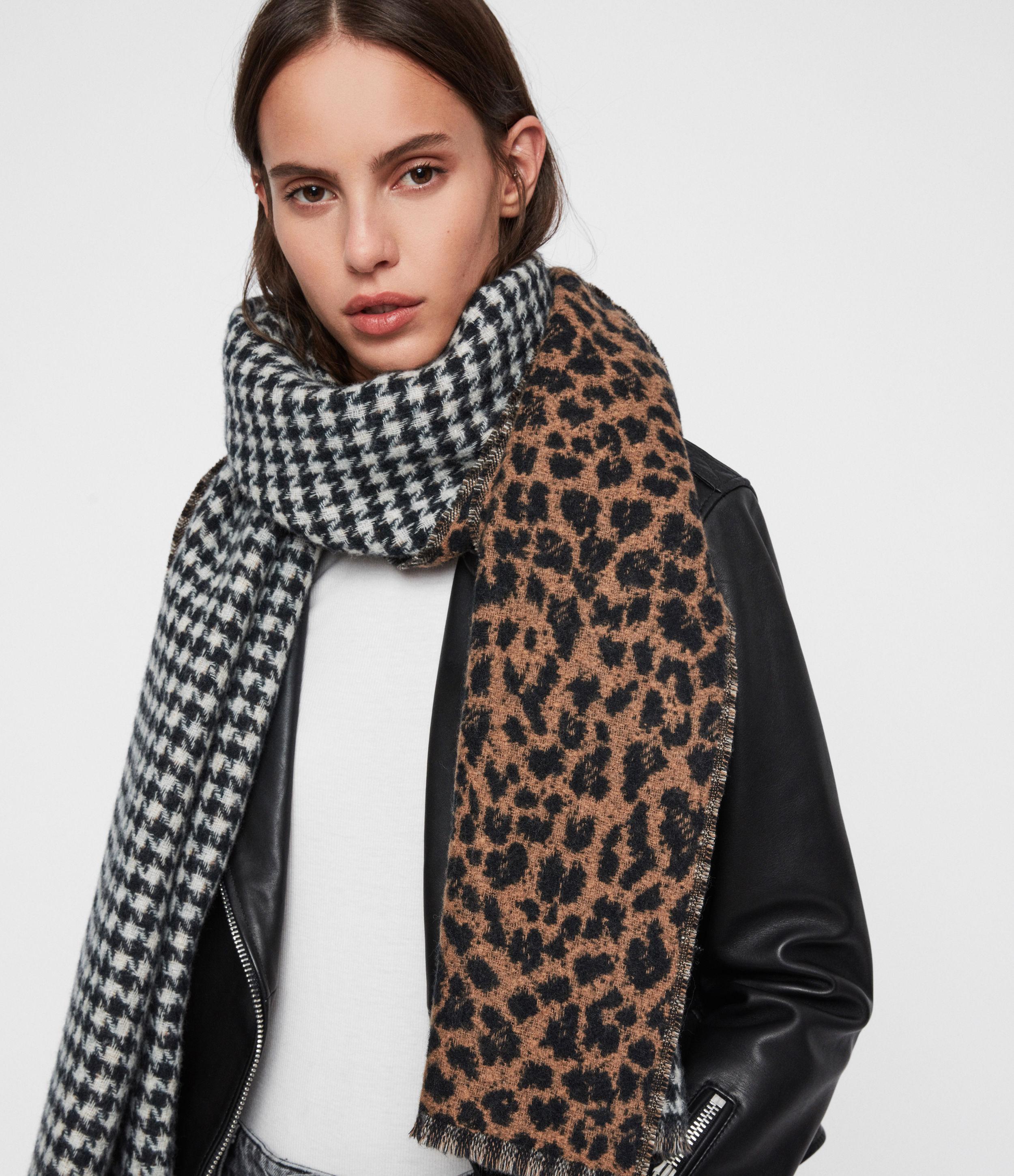 AllSaints Reversible Leopard Wool Blend Scarf in Black
