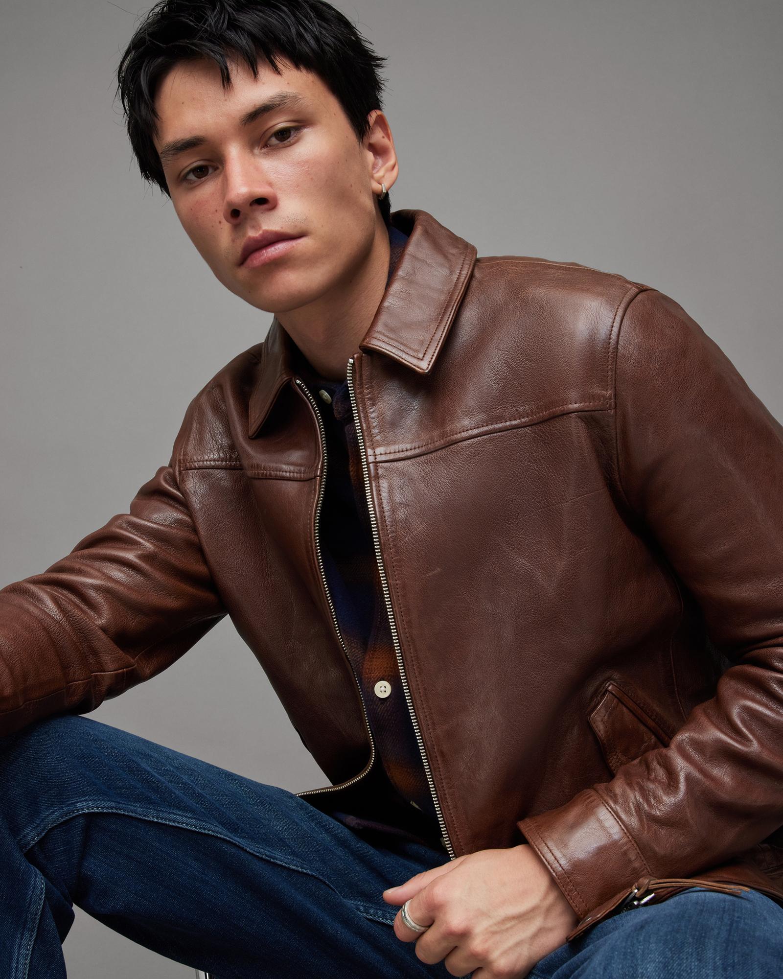 AllSaints Brim Washed Leather Jacket in Brown for Men Lyst UK