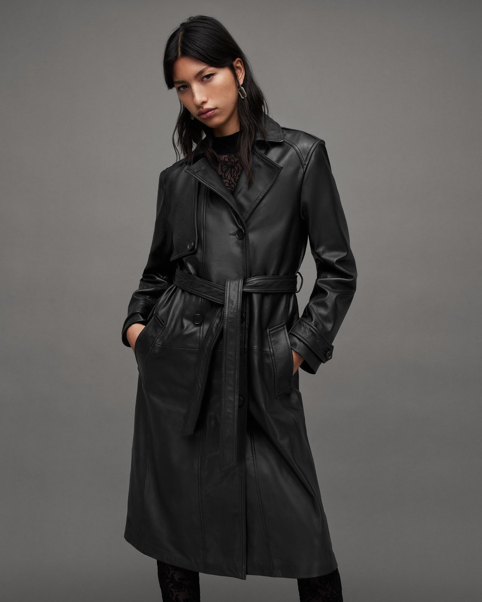 AllSaints Okena Double Breasted Leather Trench Coat in Gray Lyst